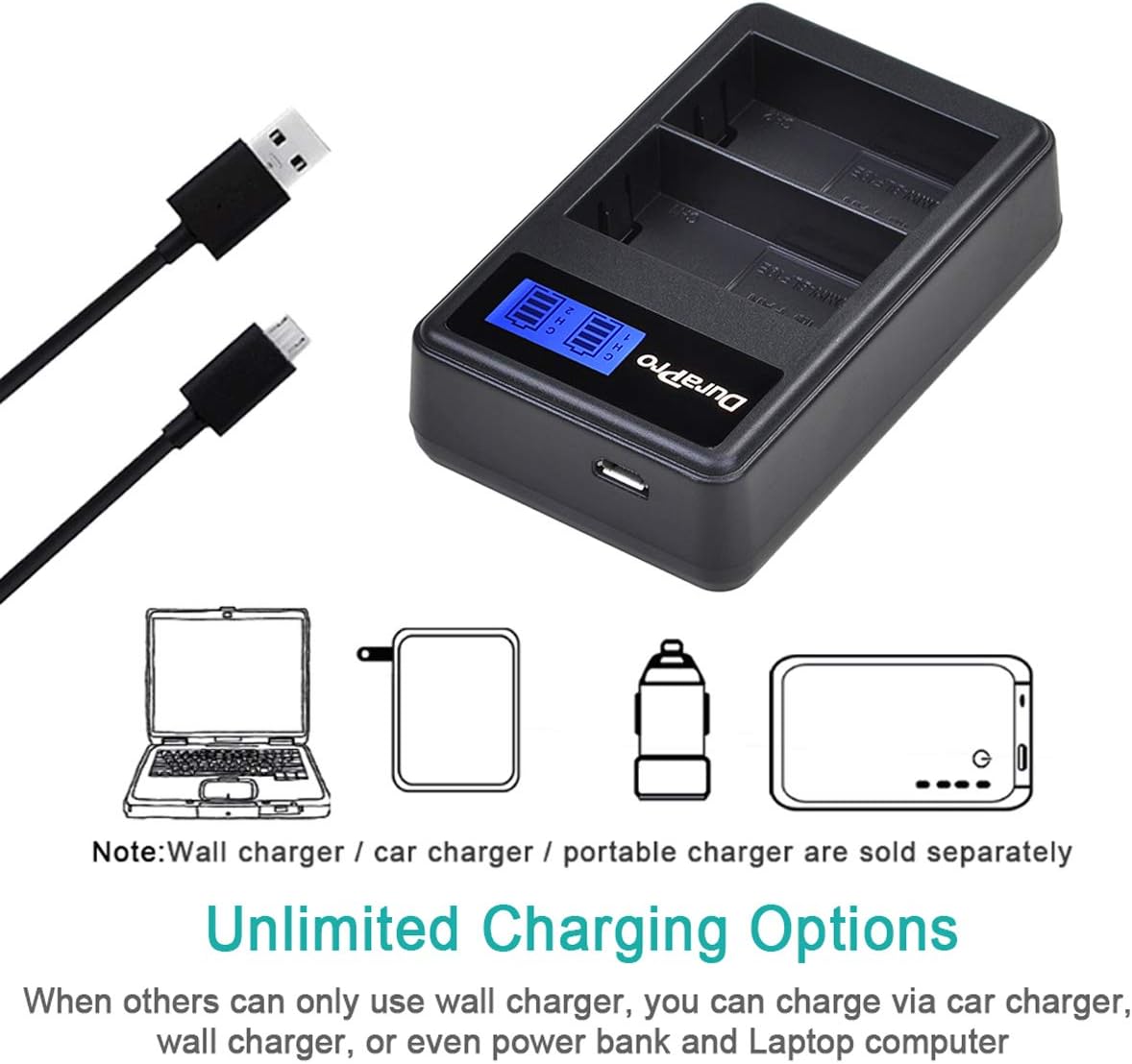 Detalle de DuraPro 2Packs 1860mAh DMW-BLF19 Battery + LCD Dual USB Charger for Panasonic Lumix DMC-GH/G9 Series