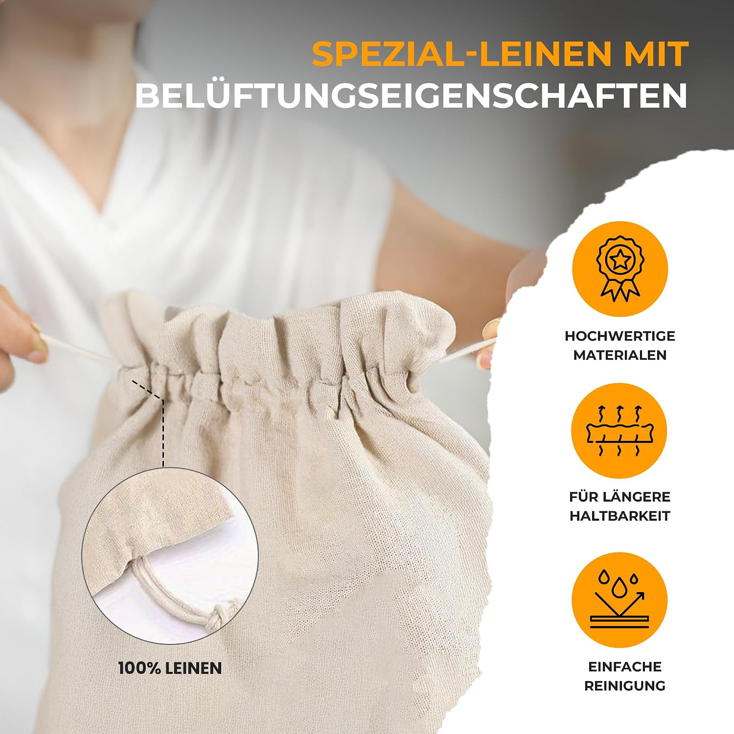 Detalle 1 de AH® Leinen Brotbeutel Set 3er 30x40 cm – atmungsaktiv, ungebleicht, wiederverwendbar