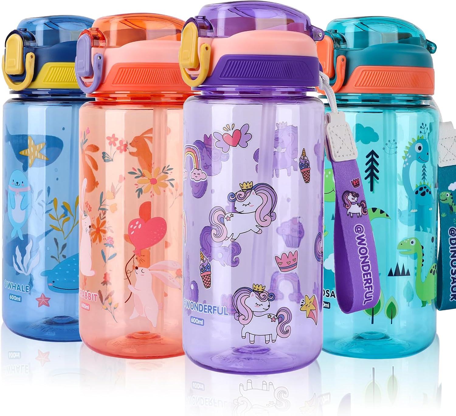 Detalle de SUPPRUI Trinkflasche Kinder 600 ml – BPA-frei, auslaufsicher, Strohhalm, Unicorn/Dinosaurier-Design