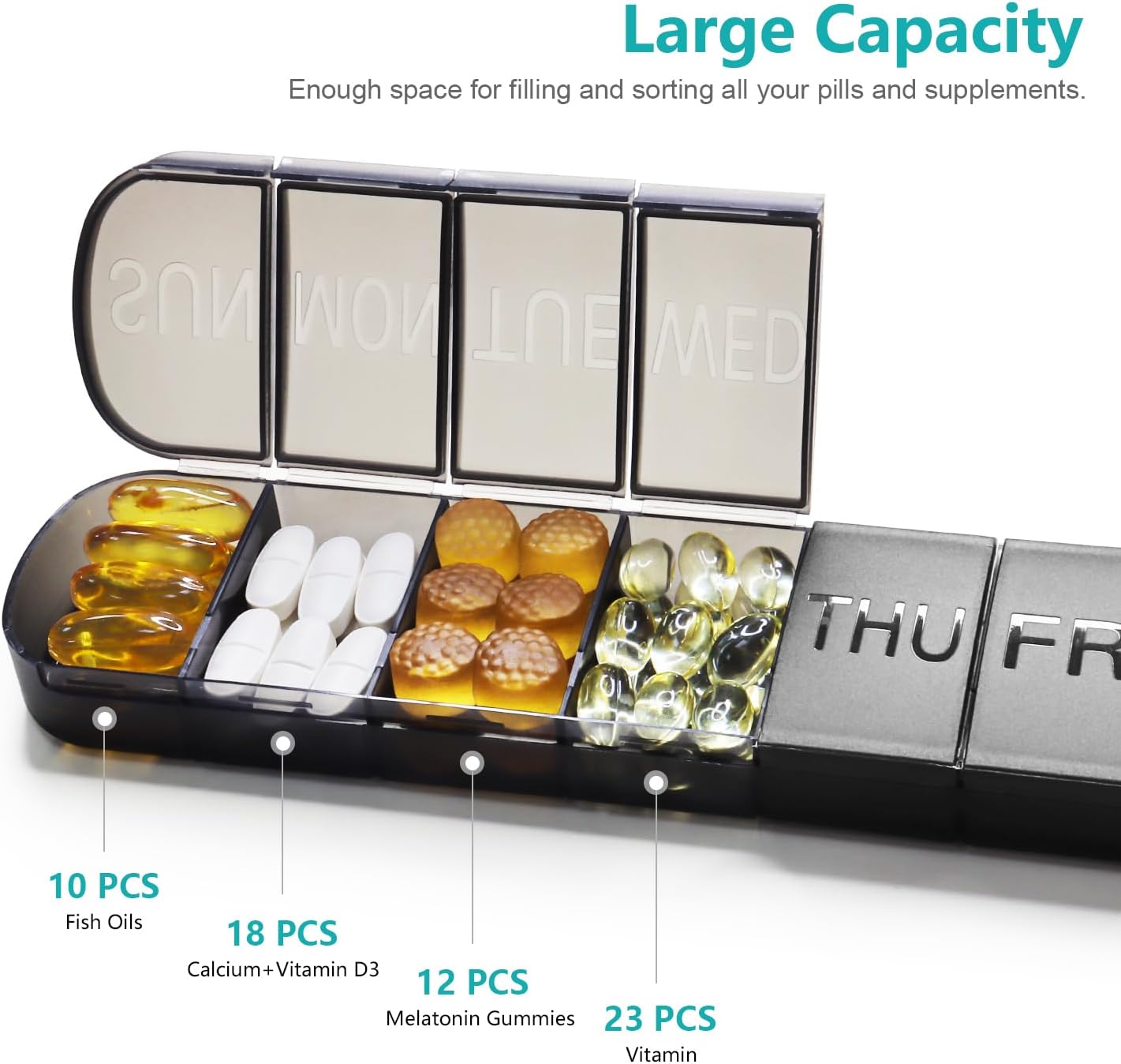 Thumbnail 3 de FHORAIN 2Pack-pillbox wekelijkse pillenorganizer, 7 vakken, BPA-vrij, zwart