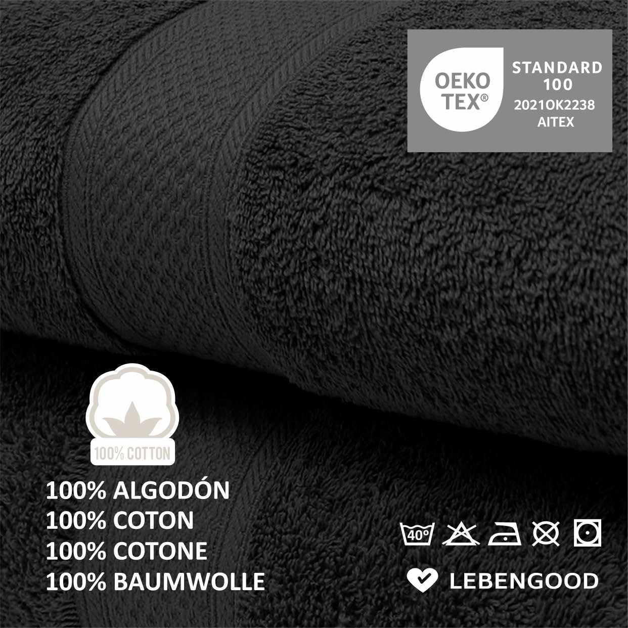Detalle de LEBENGOOD Serviette de bain badhanddoekenset, 4 zwarte katoenen badlakens