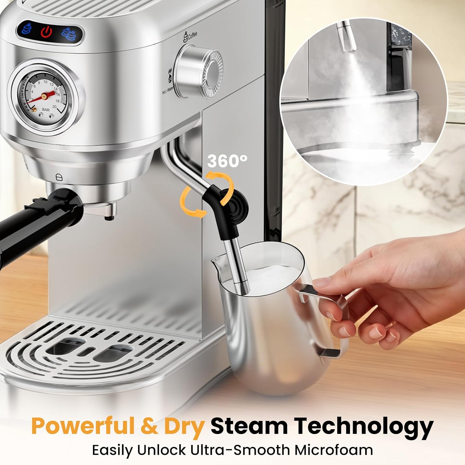 Detalle de AERCANA Espresso Machine 20 Bar – Compact 2-in-1 with Milk Frother (Silver)