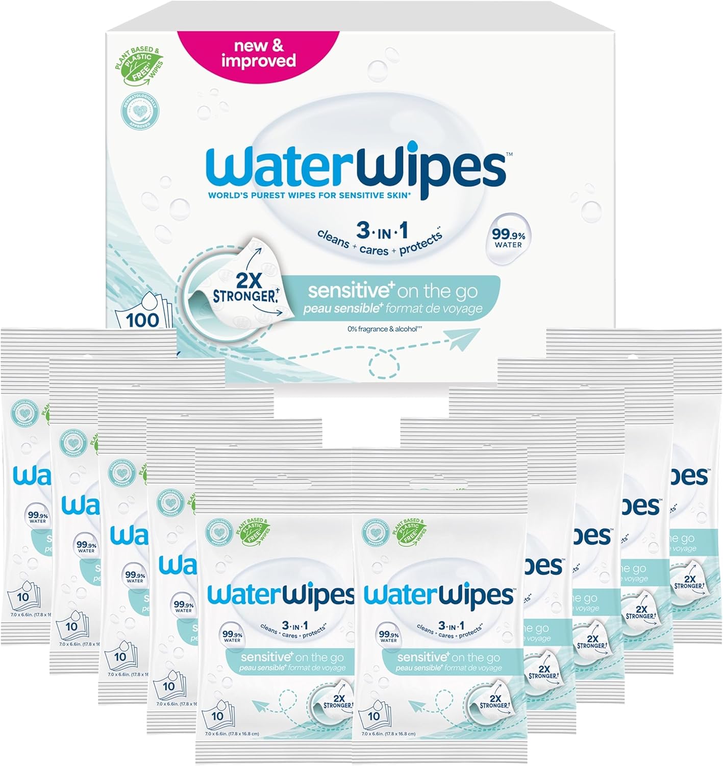 Detalle de WaterWipes Sensitive+ On The Go Wipes — Lingettes sans parfum, 99,9% eau purifiée, 100 unités (10 paquets)