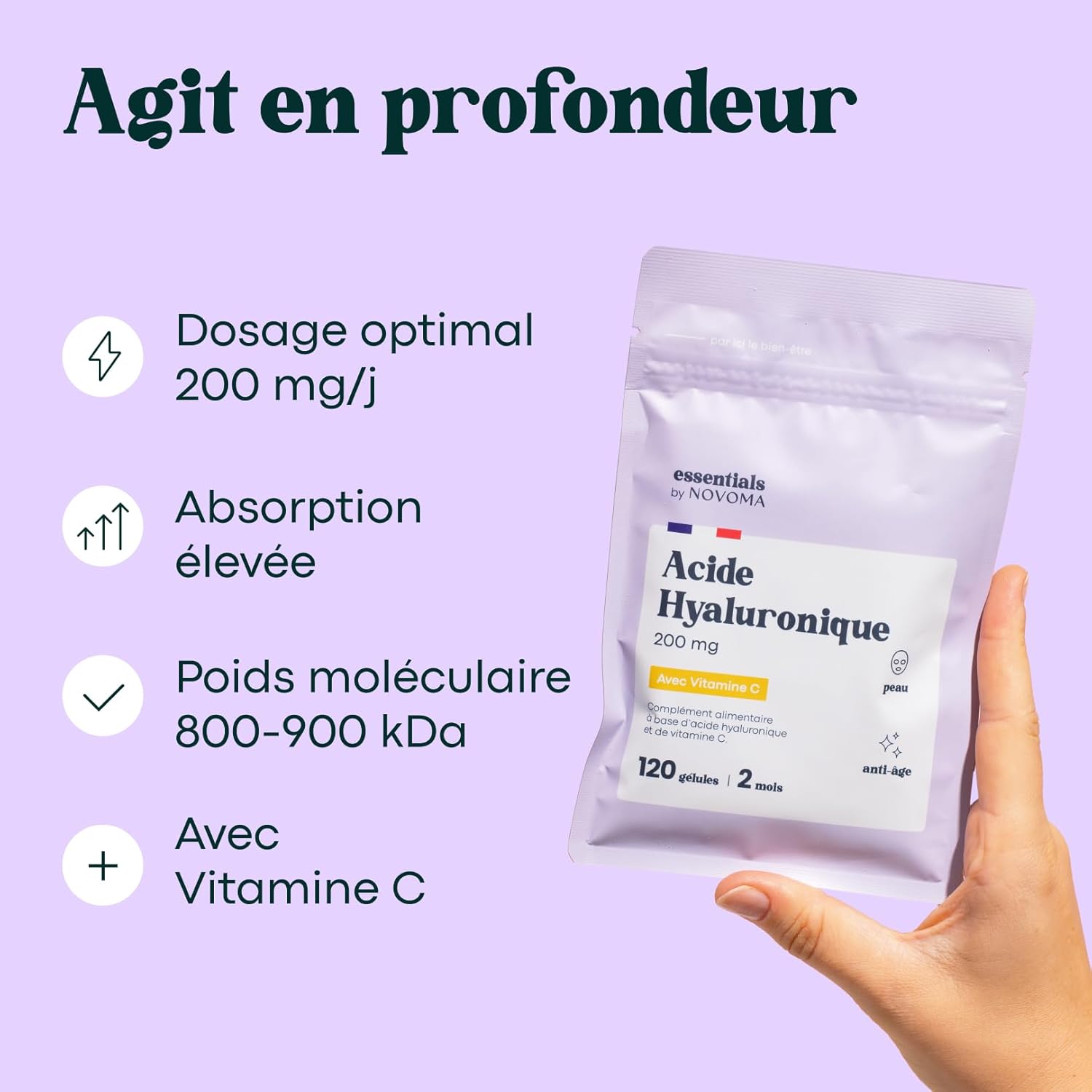 Thumbnail 2 de Acide Hyaluronique Pur Essentials by NOVOMA – 120 gélules vegan (cure de 2 mois)