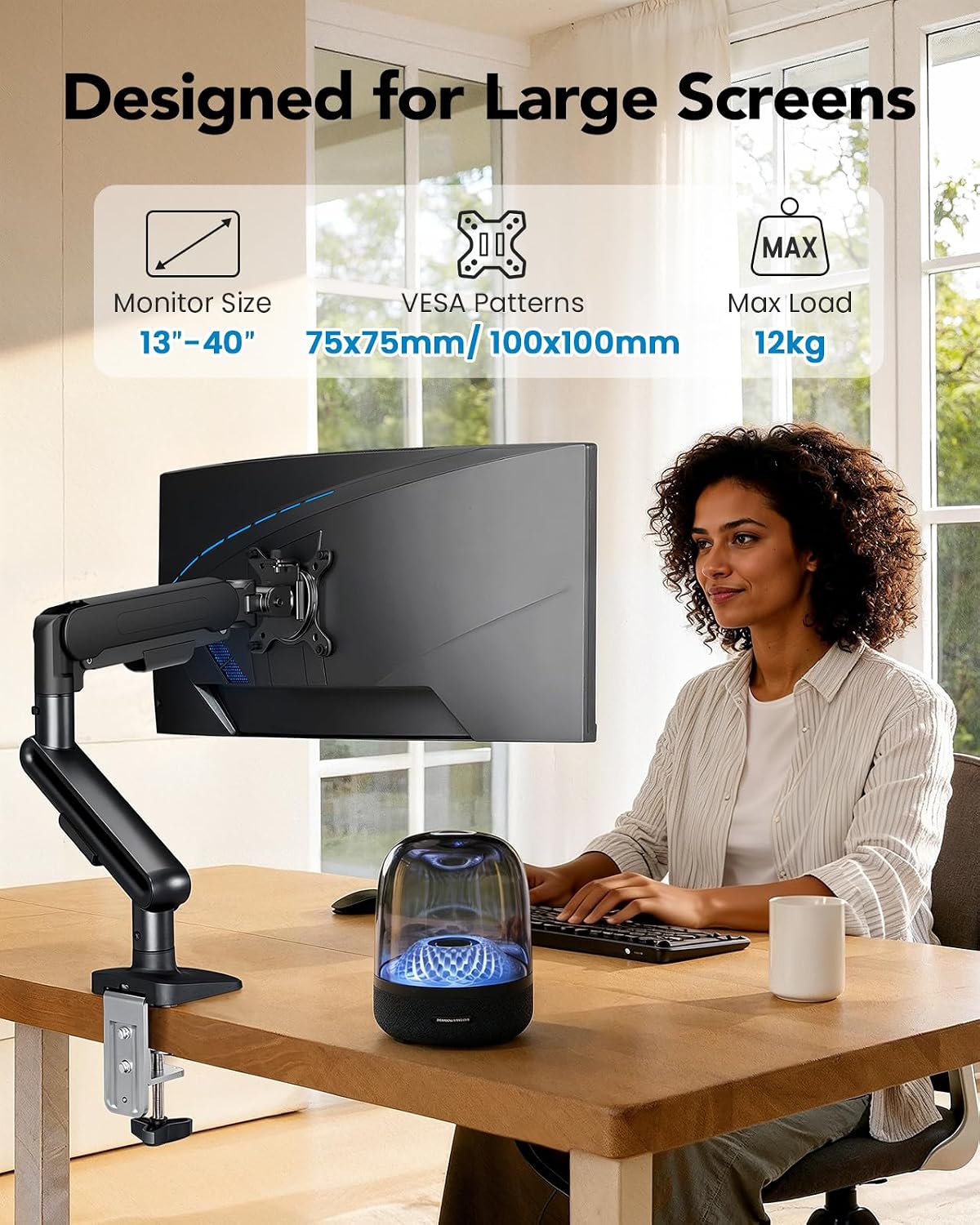 Thumbnail 1 de HUANUO Ultrawide Monitor Arm for 13"–40" Screens (NITROGLIDE, 12kg) with C-Clamp or Grommet Base