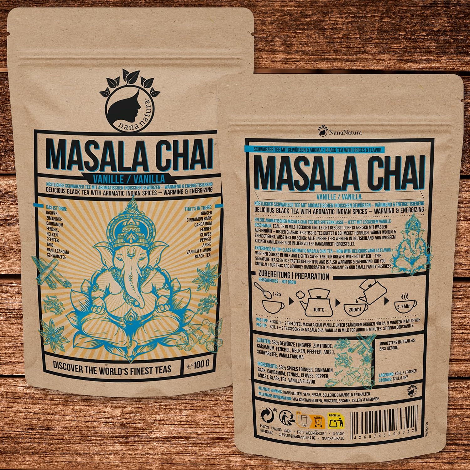 Detalle 2 de NanaNatura's Masala Chai Vanille Tee 100 g – Schwarztee mit indischen Gewürzen & Vanillearoma