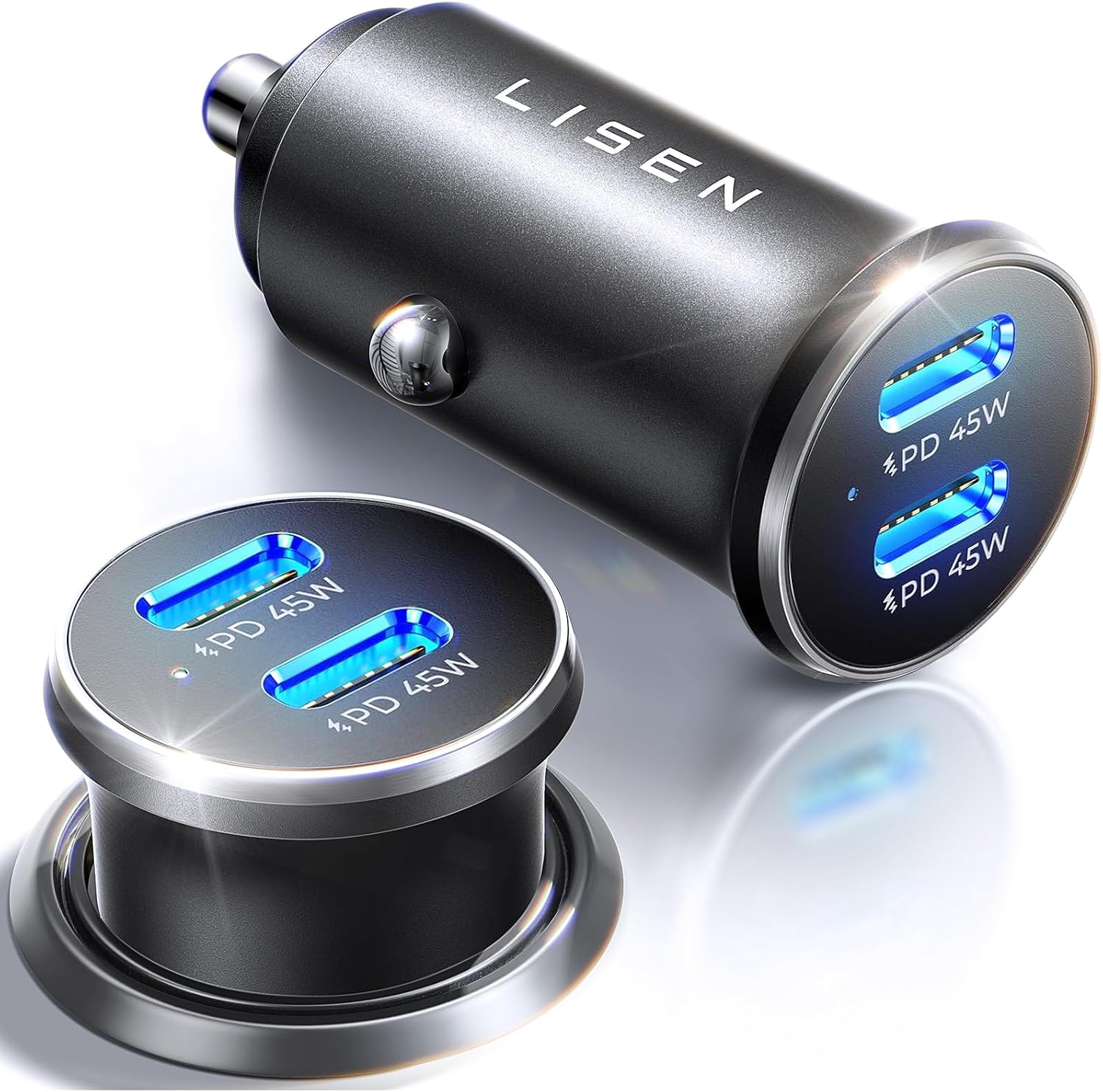 Detalle de LISEN 90W car charger with dual USB‑C ports