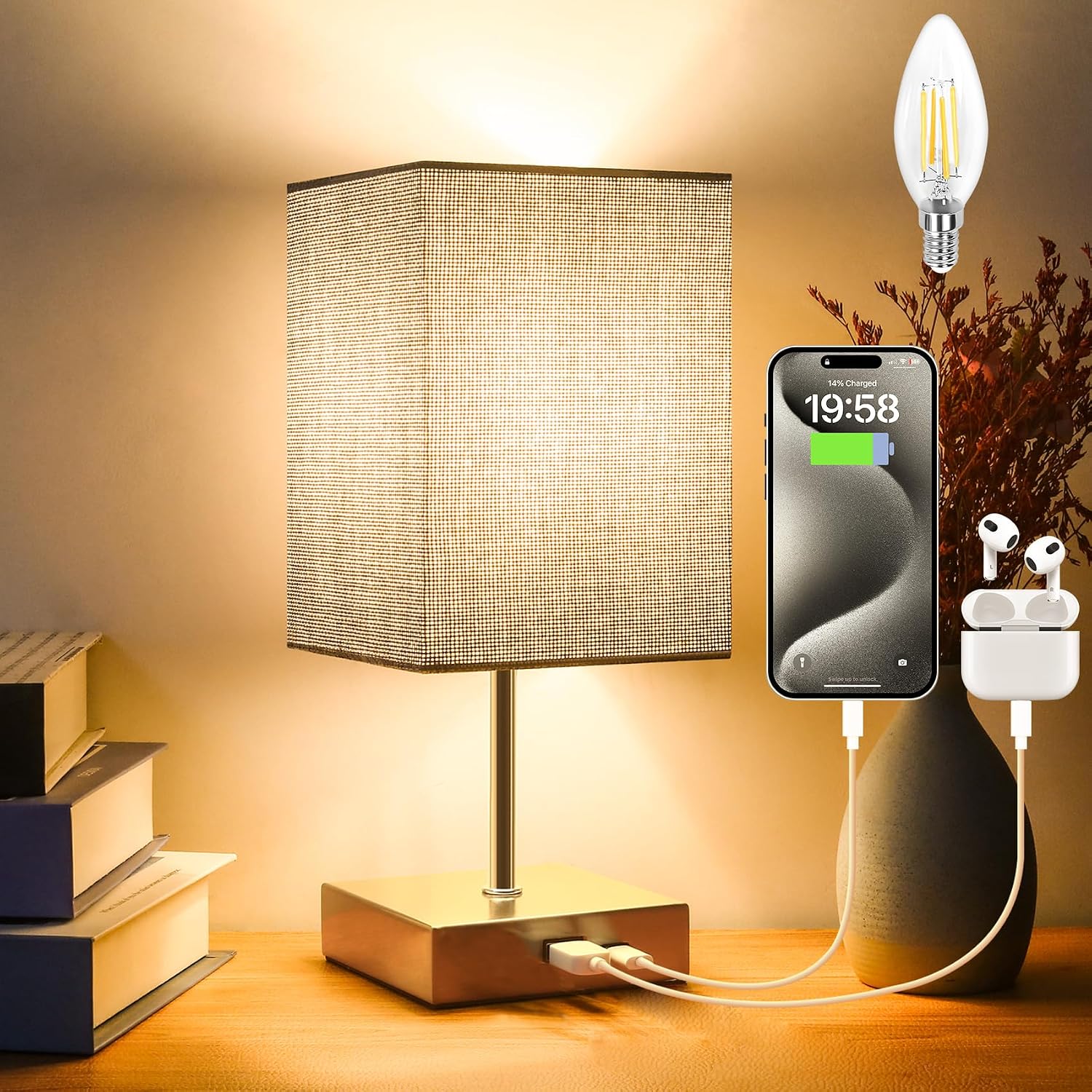 Detalle de Totofac Touch Bedside Lamp with USB Ports & 3-Way Dimming ⌛