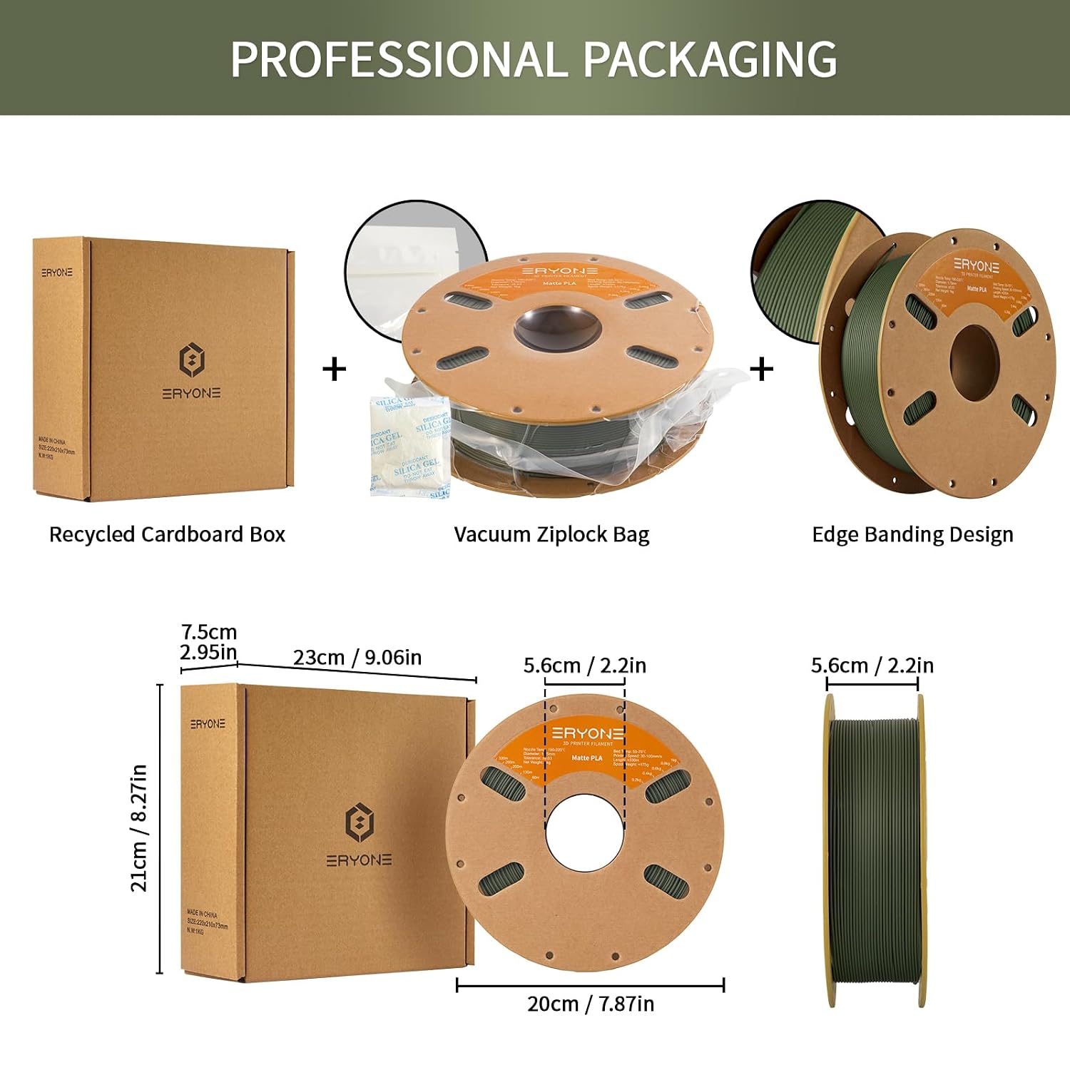 Thumbnail 5 de ERYONE Matte PLA Filament 1.75mm (Matte Olive Green) – 1kg spool, +/-0.03mm