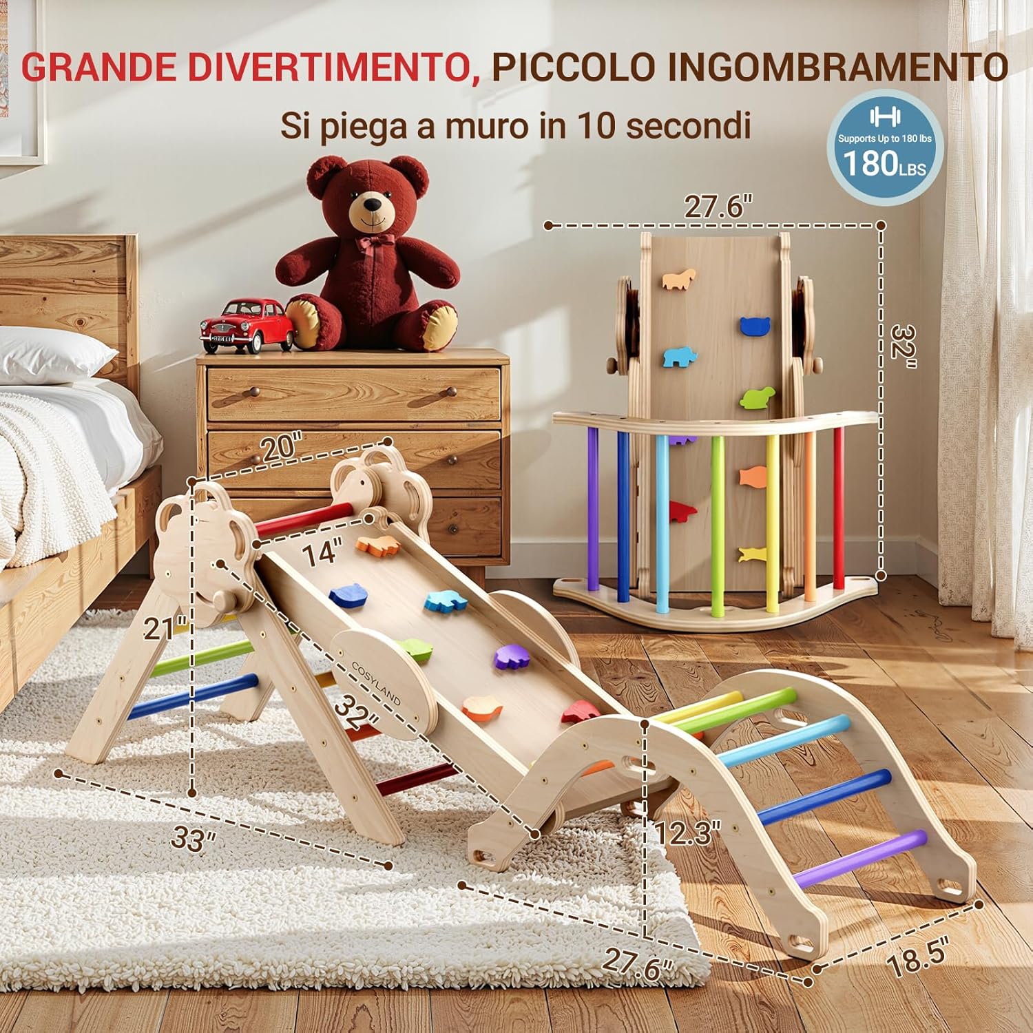 Detalle 2 de COSYLAND Set di Arrampicata 8 in 1 per Bambini – Triangolo Pikler e Arco Montessori Compatti (Arcobaleno Classico)