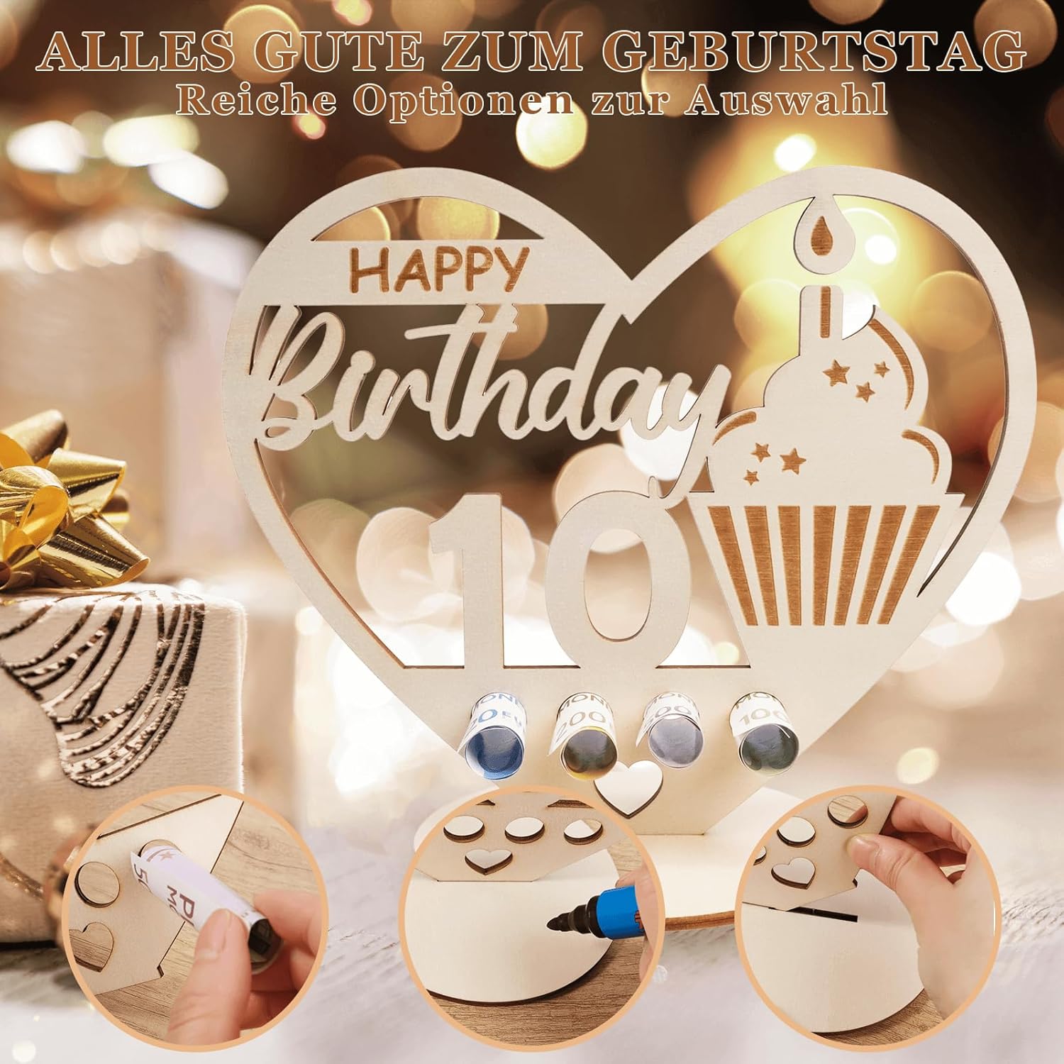 Thumbnail 3 de Packra Geldgeschenk Geburtstag in Herzform – Holz-Schild & 10 Geldgeschenke inkl. „Happy Birthday“-Motiv