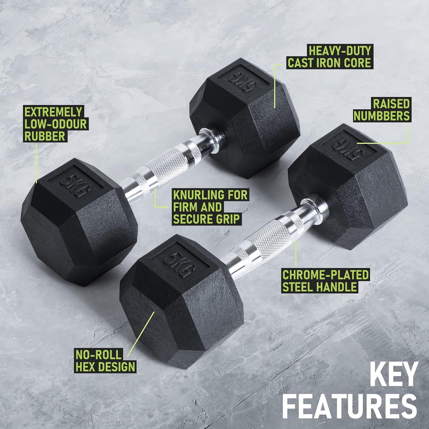 Thumbnail 3 de PhysKcal Hexagon Hanteln aus Poly-Gummi (2,5–30 kg) – rutschfeste Kurzhantel-Set mit ergonomischen verchromten Griffen