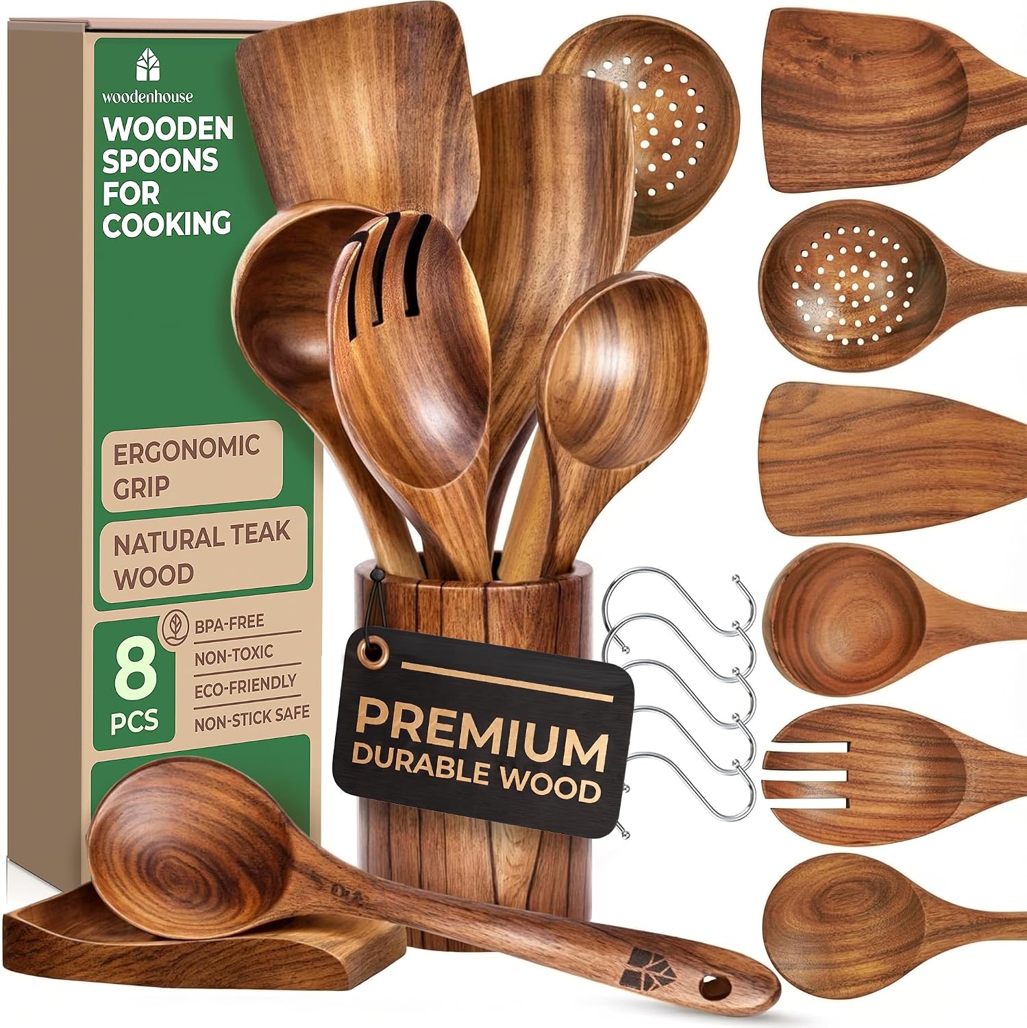 Detalle de Wooden Utensil Set 8 Pcs teak kitchen utensils 🍽