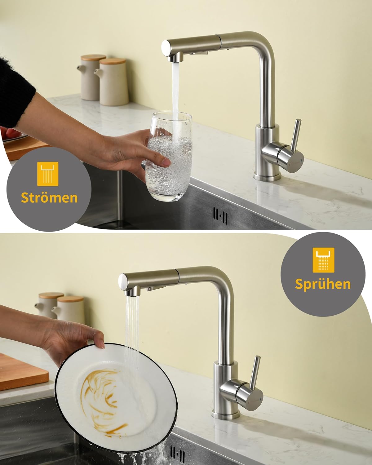 Thumbnail 2 de Robinet de cuisine Baollansa – Mitigeur extractible haute pression, acier inoxydable, pivot 360°