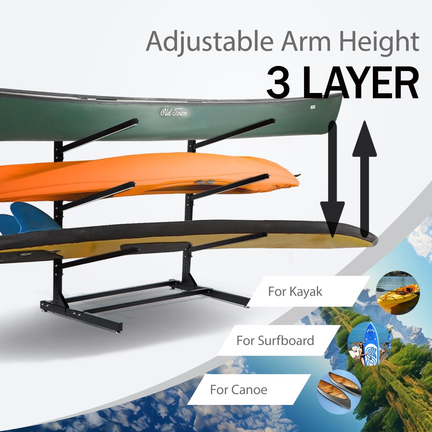 Thumbnail 2 de Taelakeni 3 Layers Kayak Storage Rack, Adjustable Freestanding Steel Stand