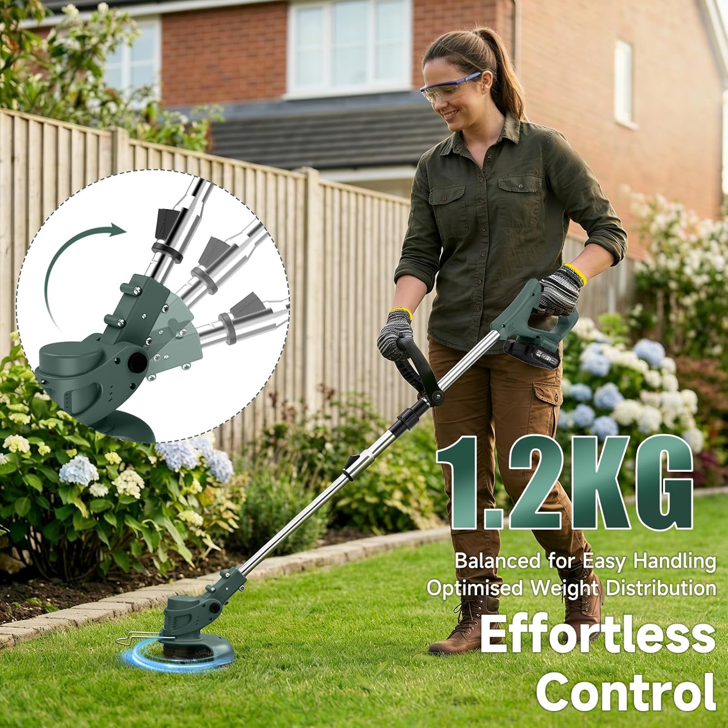 Detalle de 21V Cordless Strimmer with 26 Blades and 90° Adjustable Head — Deep Green