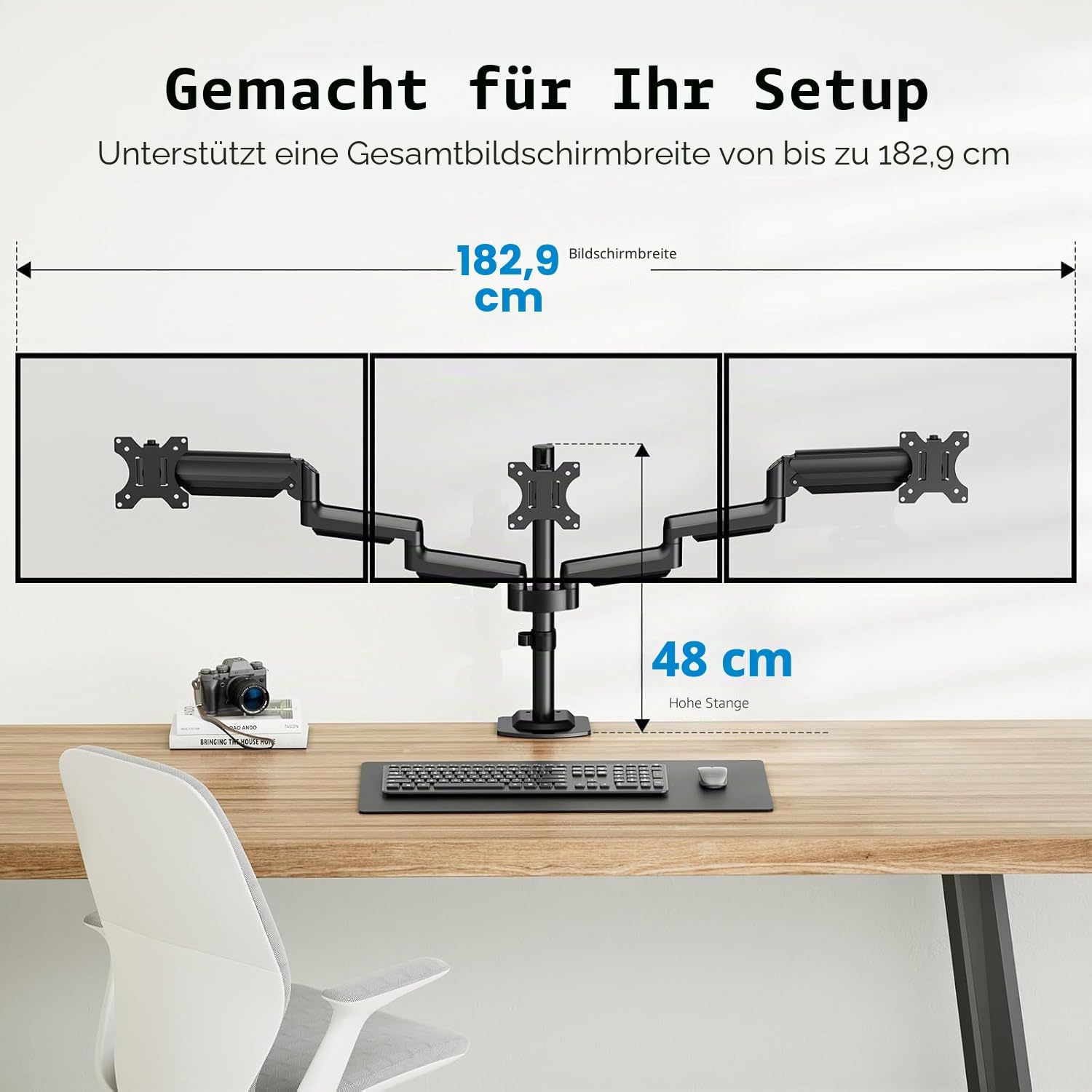 Detalle de HUANUO Monitorhalterung 3 Monitore für 13–27 Zoll – Gasfederarm, 8 kg je Arm, VESA 75x75/100x100