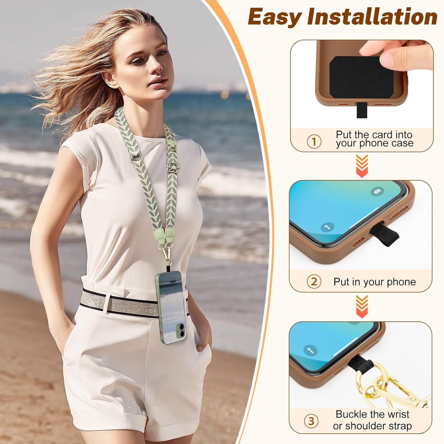 Thumbnail 3 de ONEKERUN Universelle Cordon Téléphone Portable – Bandoulière réglable avec 2 cartes transparentes
