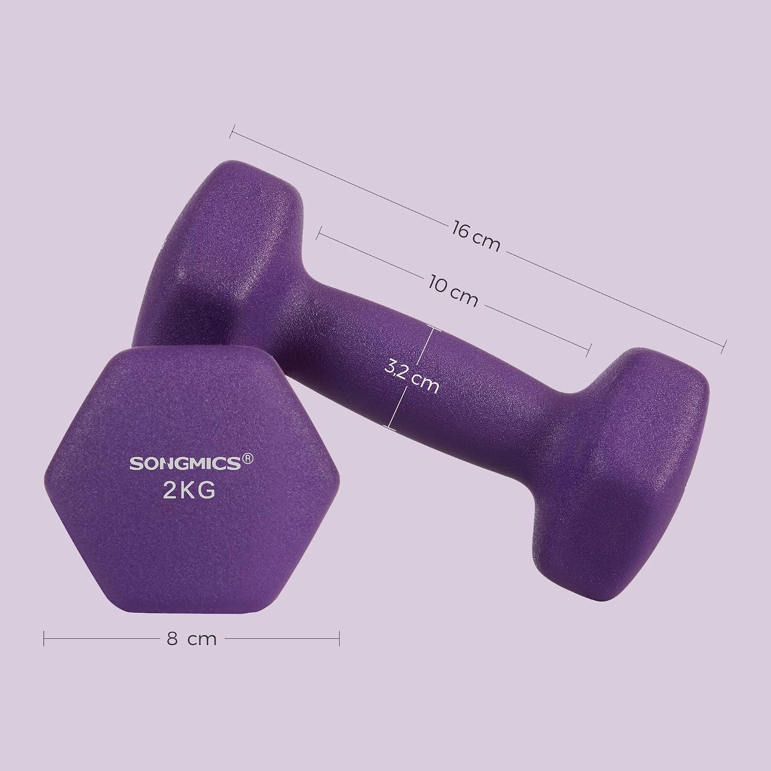 Detalle 2 de SONGMICS HE05 halterset 2 x 2 kg, paars, zeshoekig en antislip