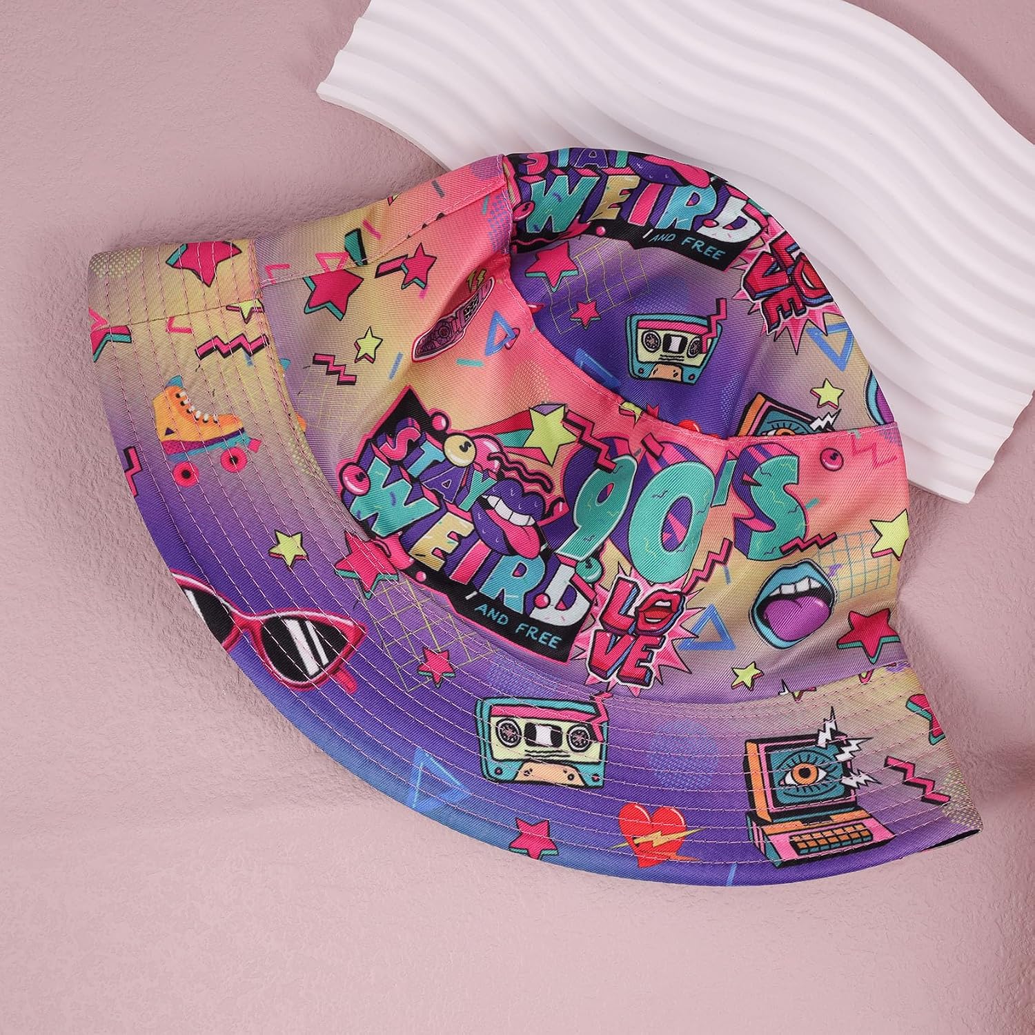Detalle de MILAKOO Fischerhut Bucket Hat Retro 80er/90er Stil – uni, reversibel, doppelseitig