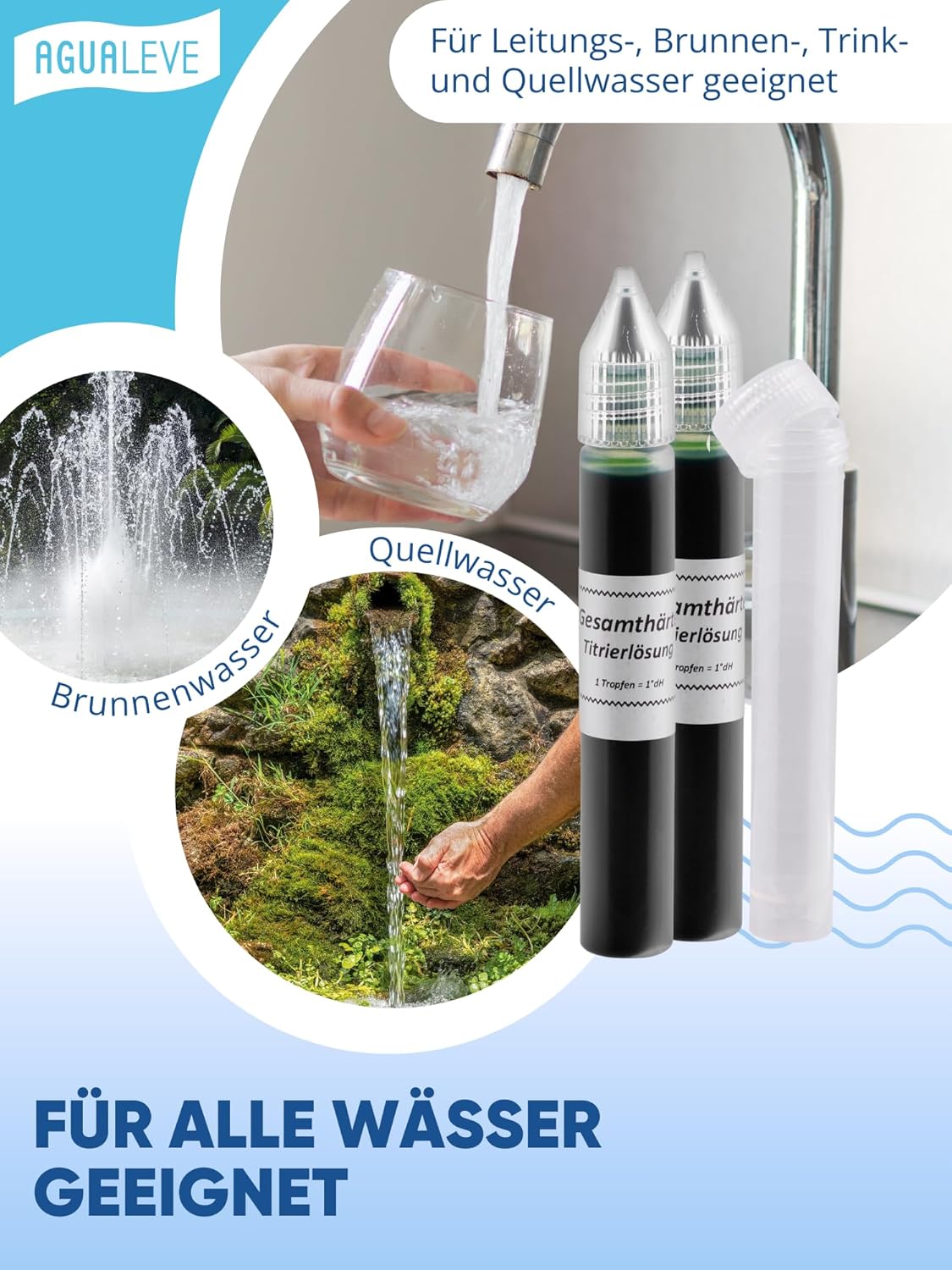 Detalle de AGUALEVE Wasserhärte Test (Titration) bis 24 °dH – schnell & einfach Wasserhärte messen, 2× 15 ml