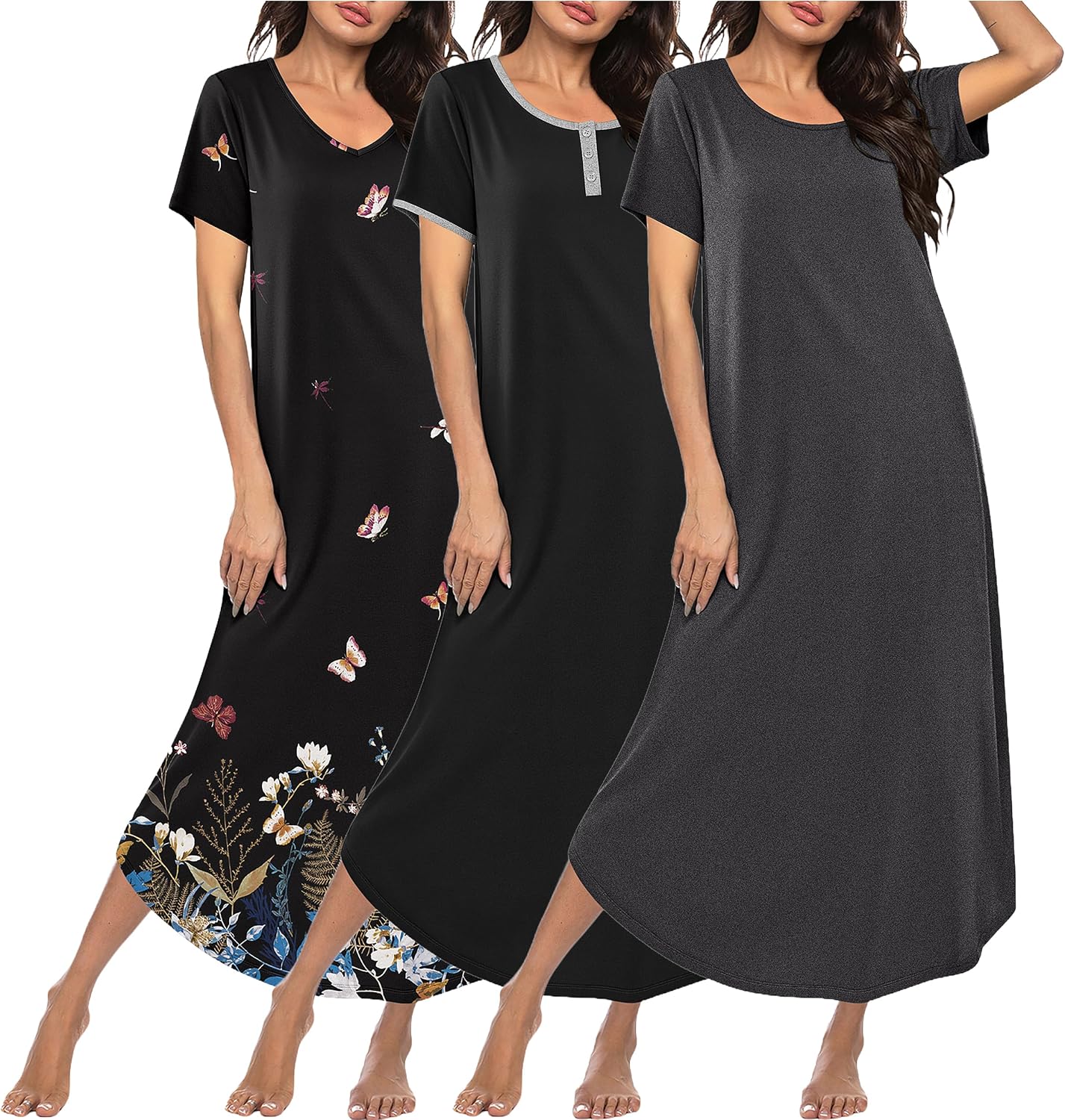 Detalle de Ekouaer 3-Pack Long Nightgowns for Women, Plus-Size House Dresses