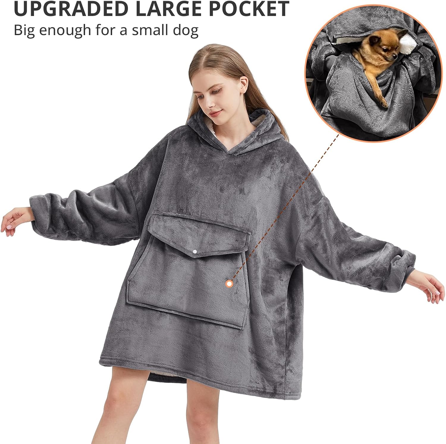 Detalle de YUGYVOB Oversized Blanket Hoodie, Sherpa Fleece, Giant Pocket, Dark Grey
