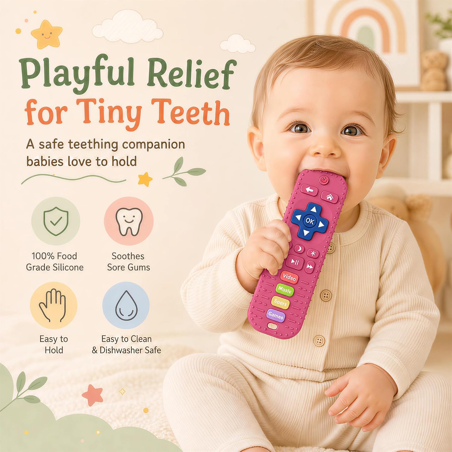 Thumbnail 2 de Meartchy Remote Control Silicone Teether for Babies, Pink with Textured Surfaces