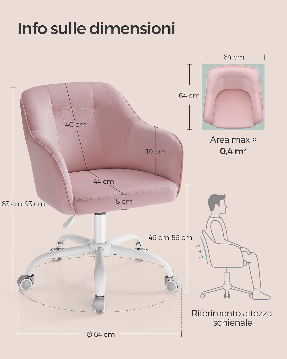 Detalle de SONGMICS Sedia da Studio in Casa OBG019P02: Sedia Girevole Regolabile in Altezza, 110 kg, Rivestimento in velluto, Rosa gelatina