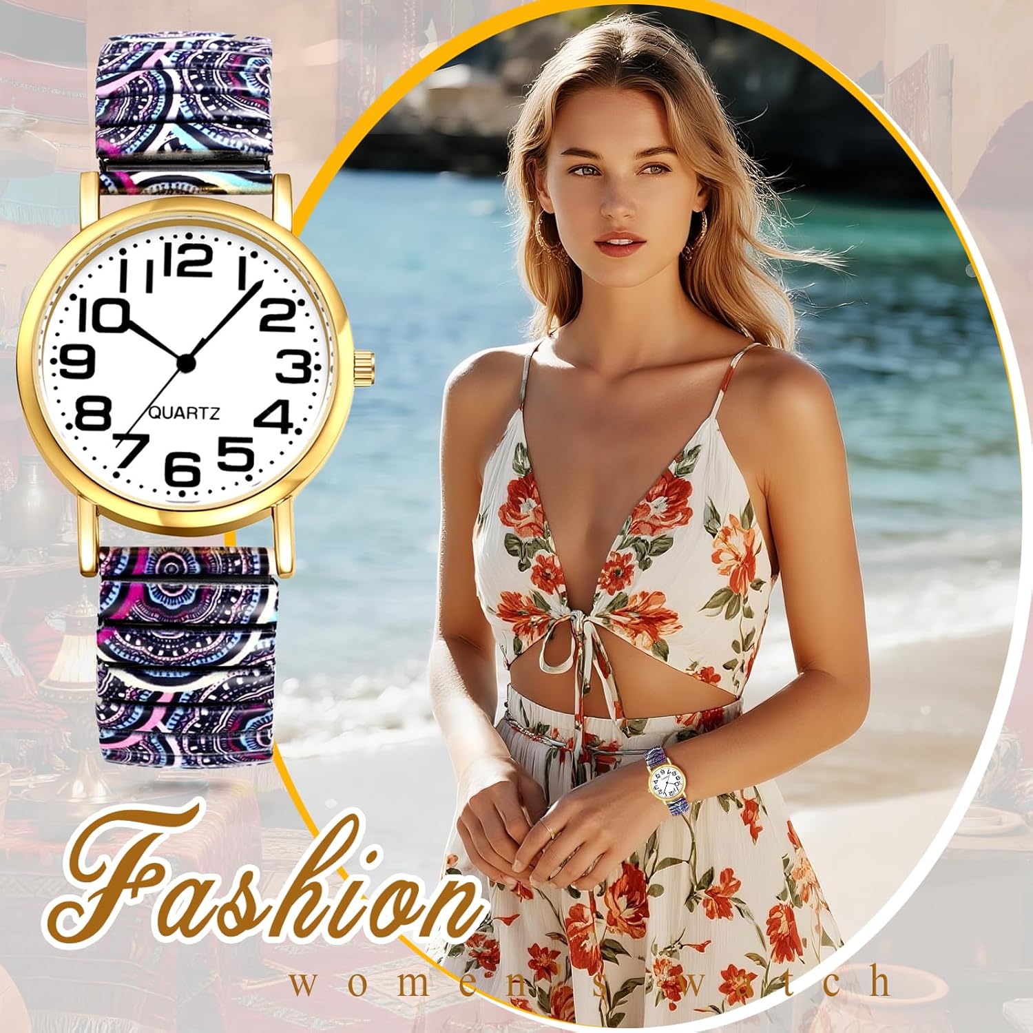 Thumbnail 5 de Avaner Damen Boho Stretchband Armbanduhr mit großen arabischen Ziffern – elastisches Analog-Quarzarmband