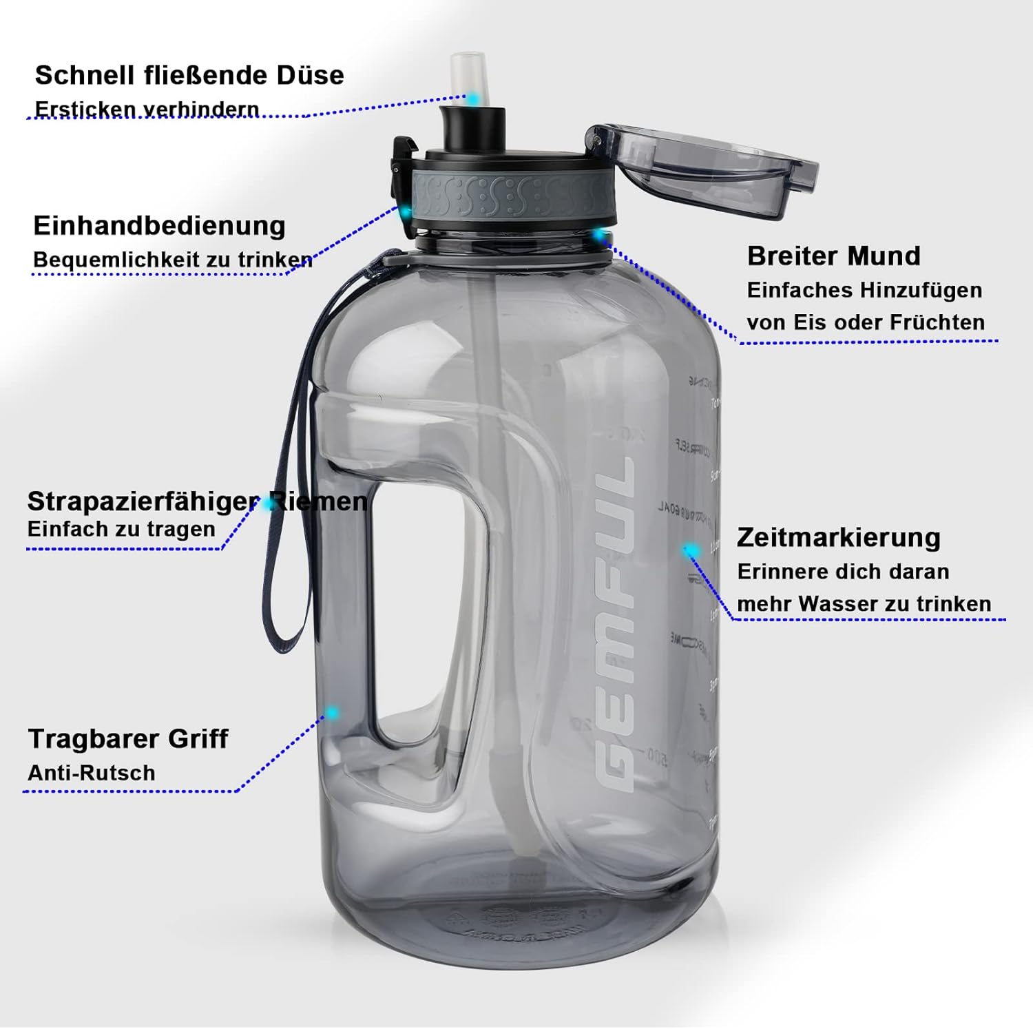 Thumbnail 4 de GEMFUL 3L Sport-Trinkflasche mit Zeitmarkierung, Strohhalm & Tragegriff (BPA-frei) – grau