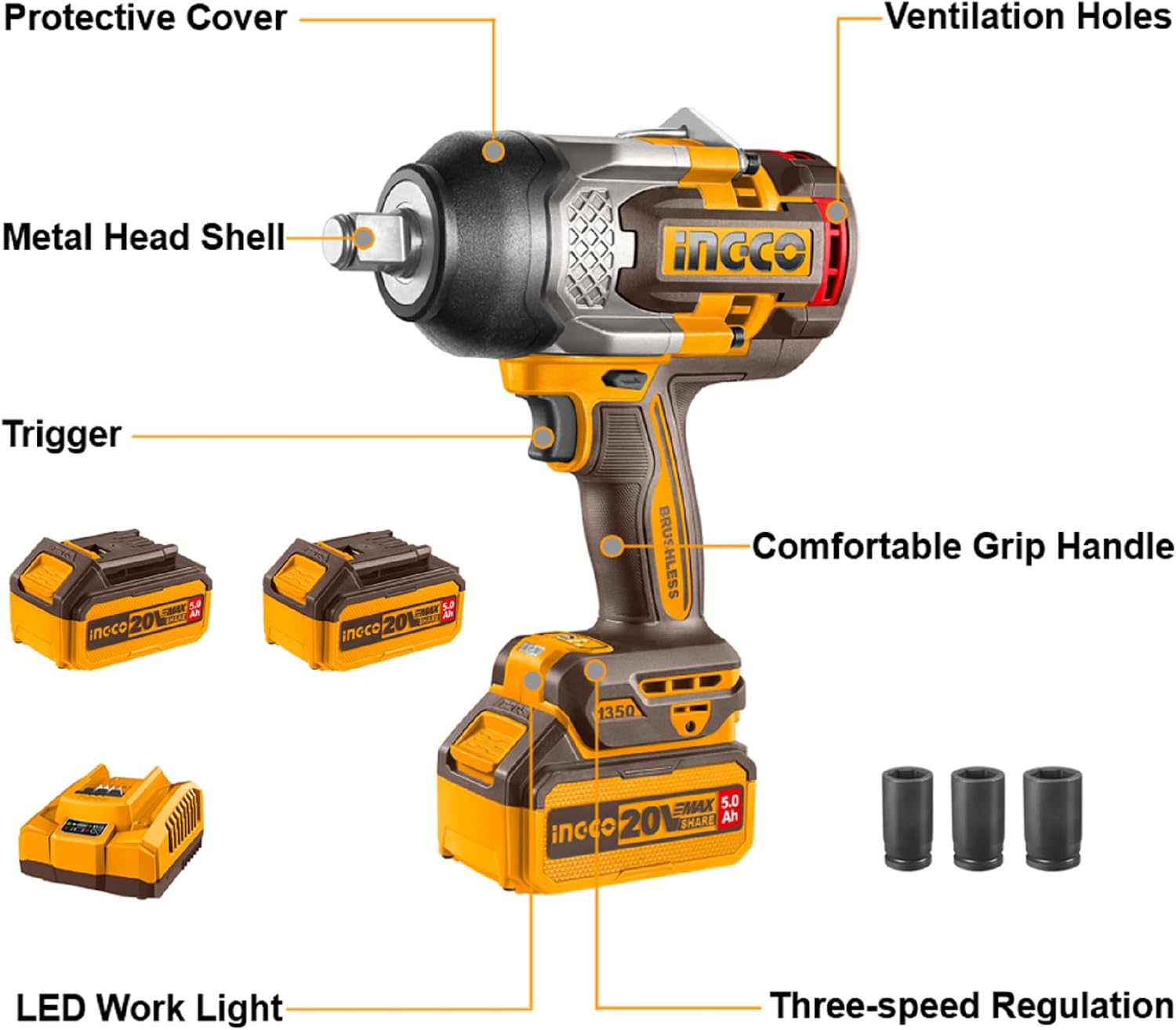 Thumbnail 2 de INGCO CIWLI20135 3/4 Inch High Torque Impact Wrench 1350NM (20V Brushless) with 2x 5.0Ah Batteries & Charger