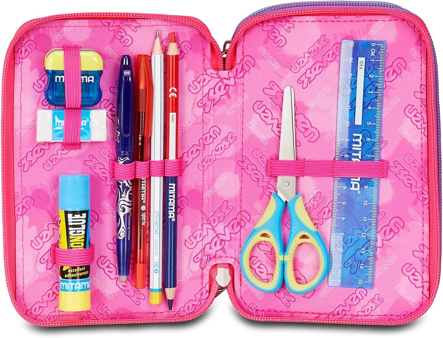 Thumbnail 2 de Seven Sprint Paint Girl – Trousse Porte-Stylo triple compartiments avec 45 pièces (Fuchsia/Bleu clair) pour l'école primaire