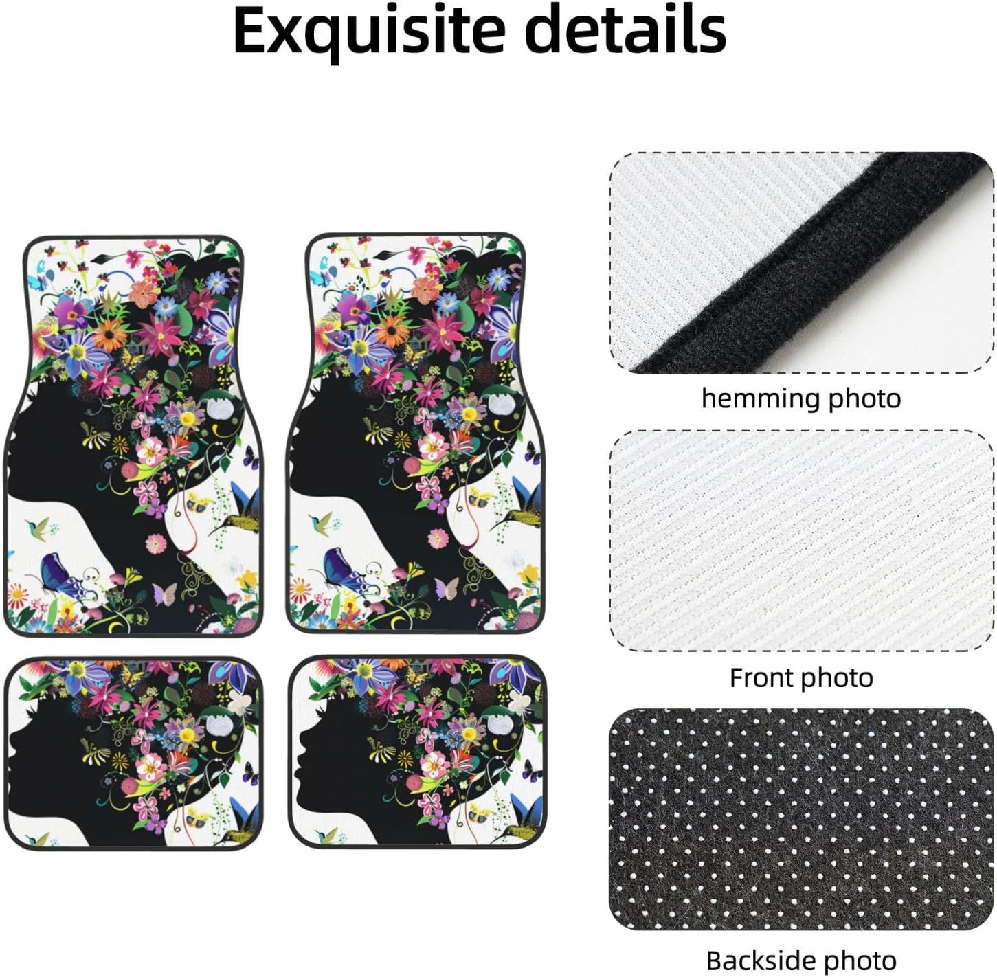 Thumbnail 3 de Car Floor Mats Set of 4pcs – Fashion Girl Silhouette with Colourful Floral Hairstyle Car Carpet