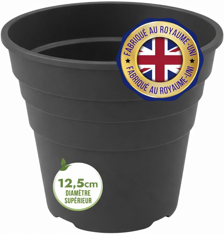 Detalle de Happy Pots pots de fleurs en plastique 12,5 cm (lot de 5) avec trous de drainage – noir, fabriqués au Royaume-Uni