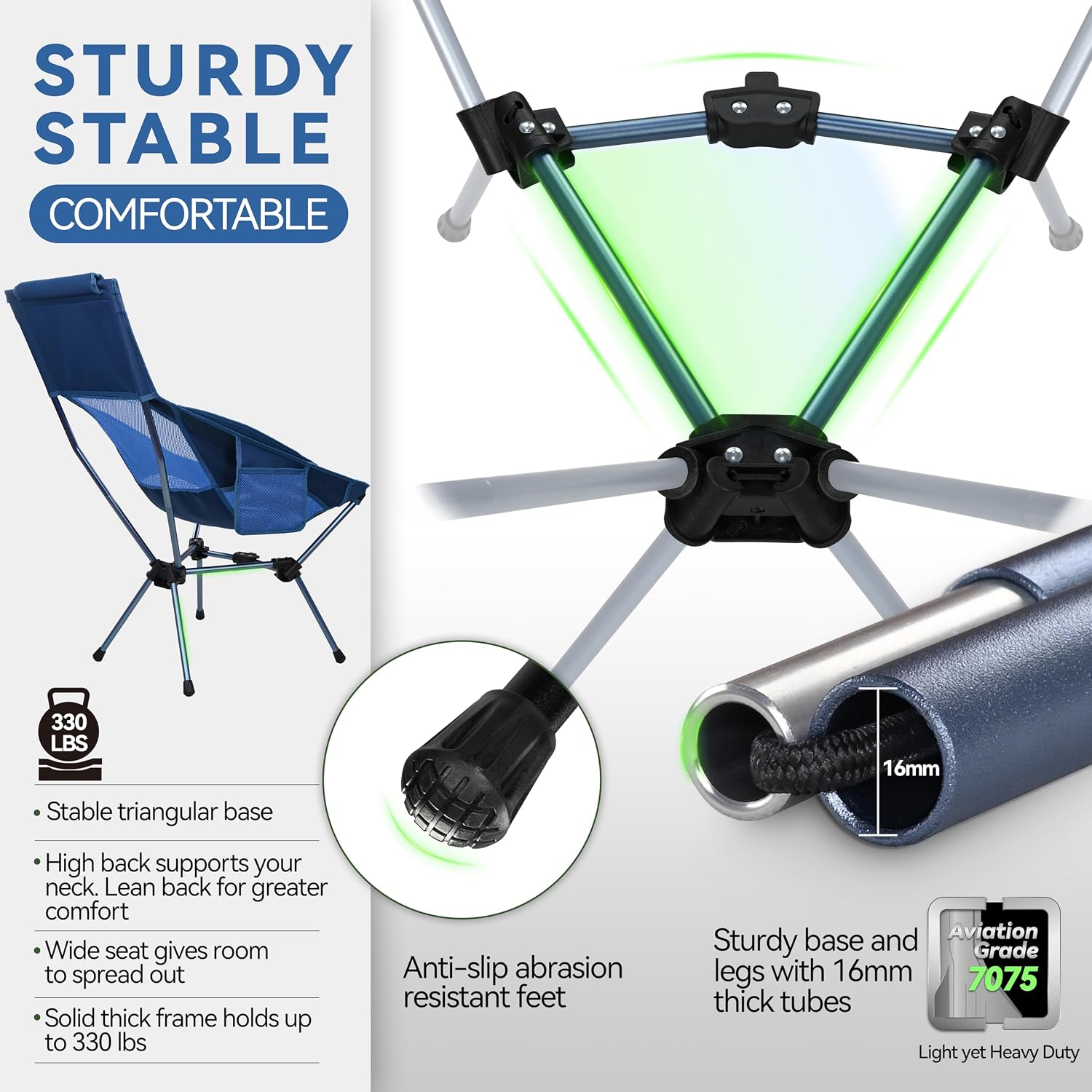 Detalle de MARCHWAY Lightweight Folding High Back Camp Chair with Head Support (Highback Dark Blue)