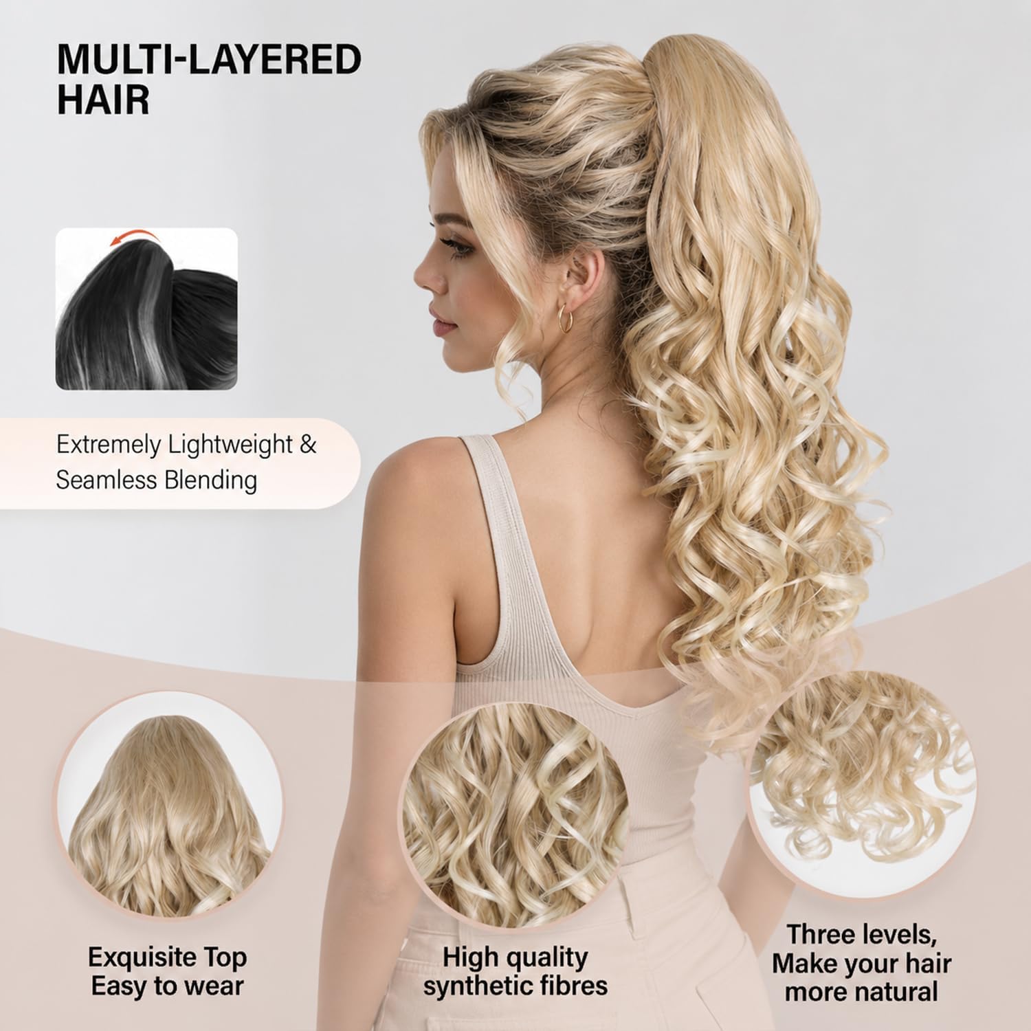 Detalle de ZQIAN BEAUTY 24-Inch Clip-On Ponytail Extension, Curly Waves, Blonde Ombré