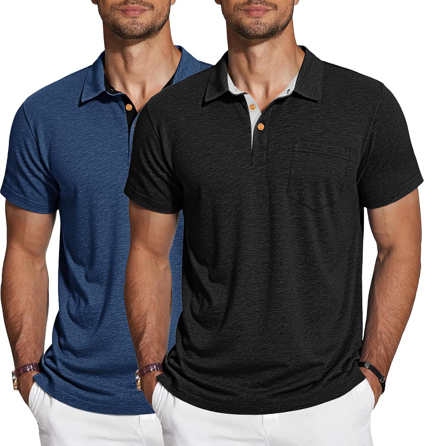 Detalle de TARAINYA Polo Uomo Cotone Maniche Corte con Tasca – Polo estiva in cotone elastico