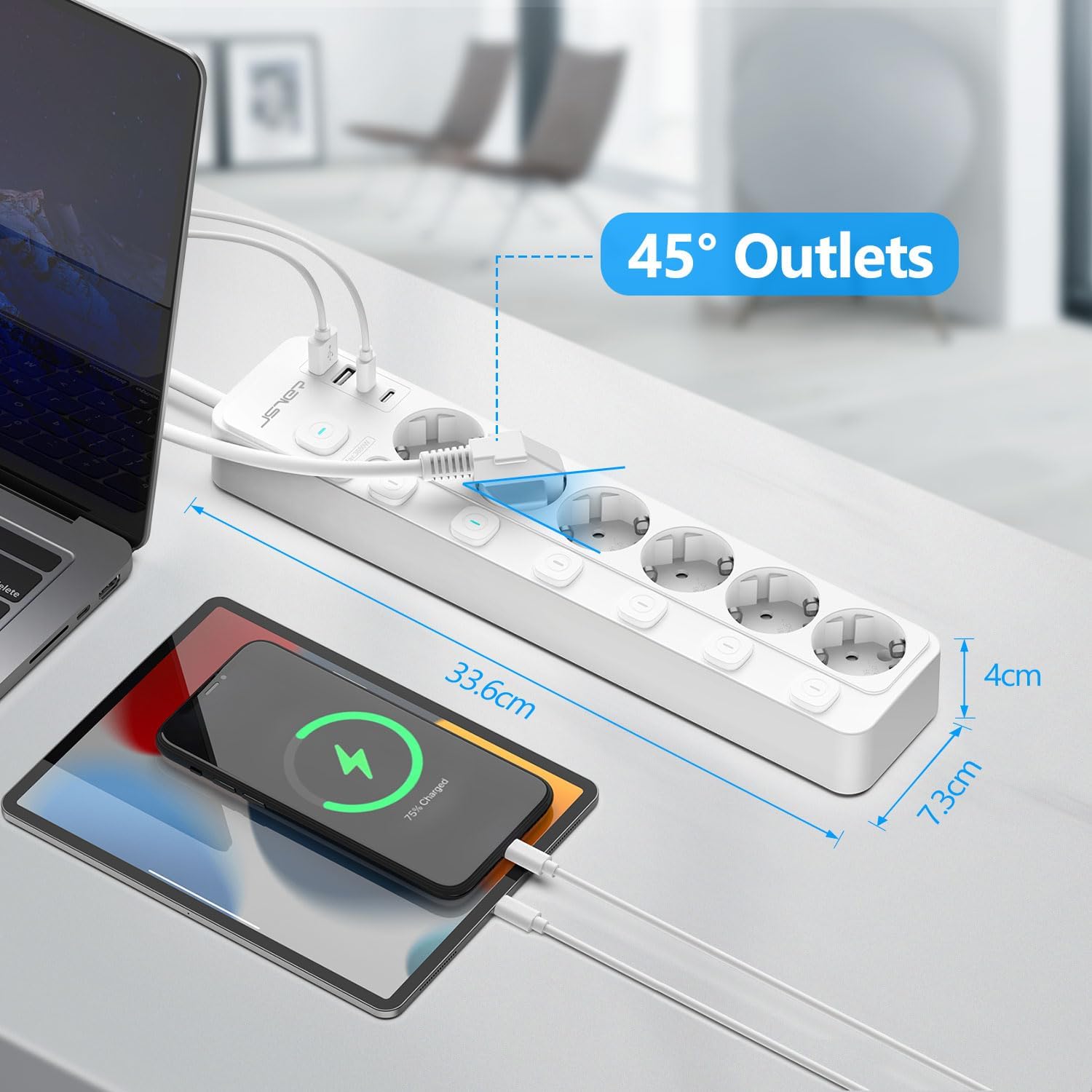 Thumbnail 4 de JSVER Bloc multiprise USB avec 6 prises et 4 ports USB (2 USB-A + 2 USB-C) et interrupteurs individuels, 2 m, blanc