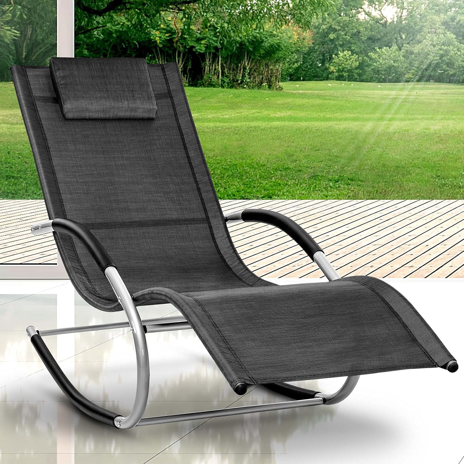 Thumbnail 1 de tillvex Relaxliege Gartenliege Relaxliegestuhl wasserfest, schaukelbar bis 150 kg (Schwarz)
