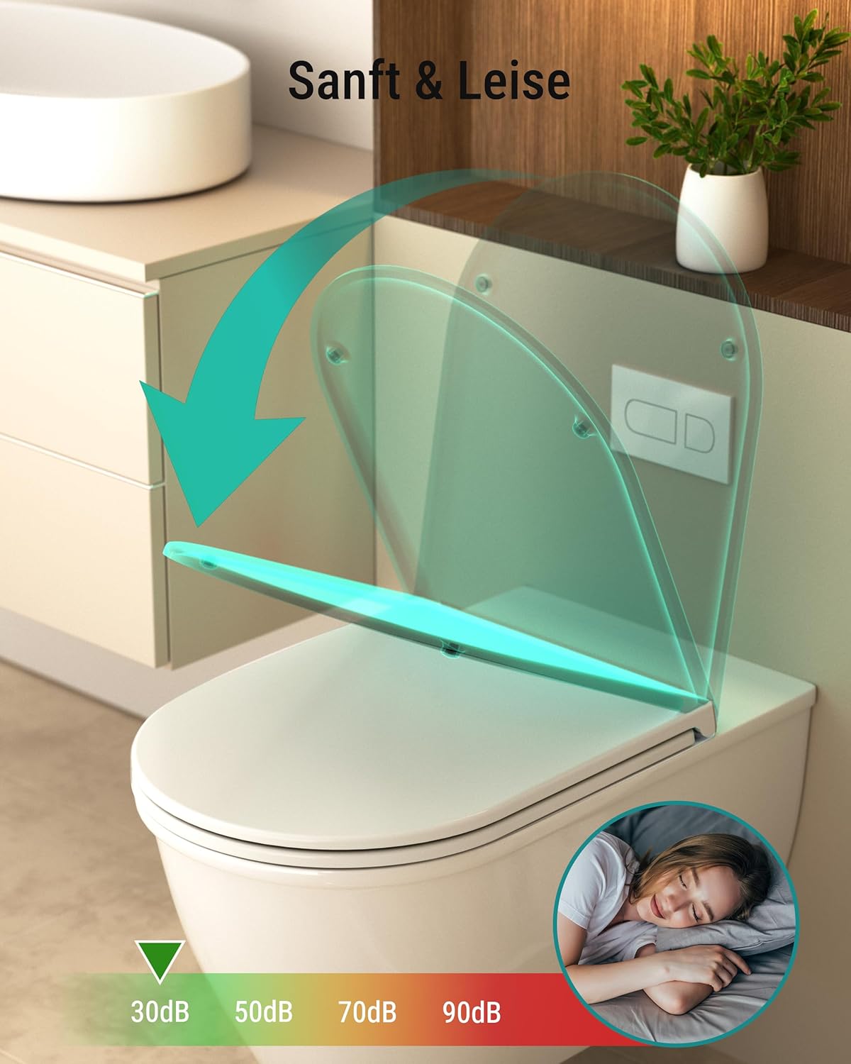 Detalle de HySail Toilettendeckel mit Absenkautomatik – robust, hygienisch, farbbeständig (D-Form Lang, Weiß)