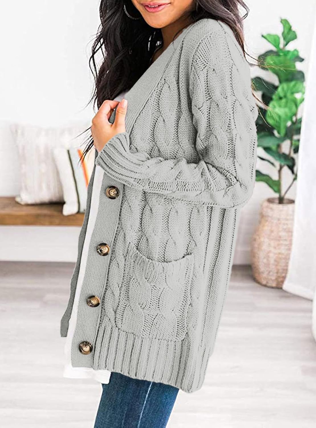 Detalle de PRETTYGARDEN Chunky Cable-Knit Cardigan for Women with Buttons and Pockets