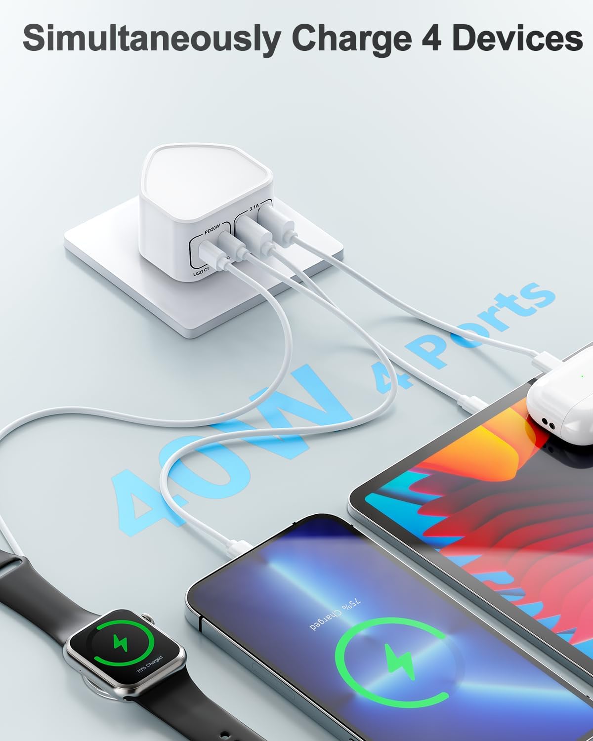 Detalle 2 de Saqykan 40W 4-Port USB-C Plug Fast Charger UK (2x USB-C, 2x USB-A) – Compact Power Delivery & Quick Charge 3.0