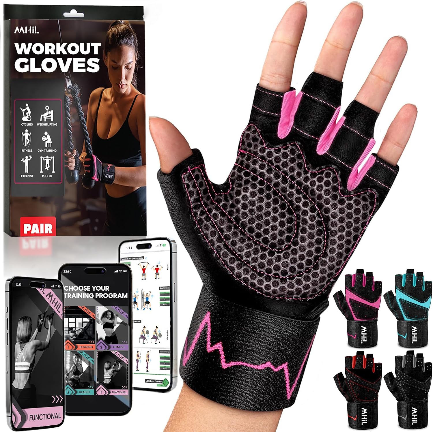Detalle de MhIL Women's Workout Gloves with Breathable Mesh, Padded Grip and Wrist Wraps