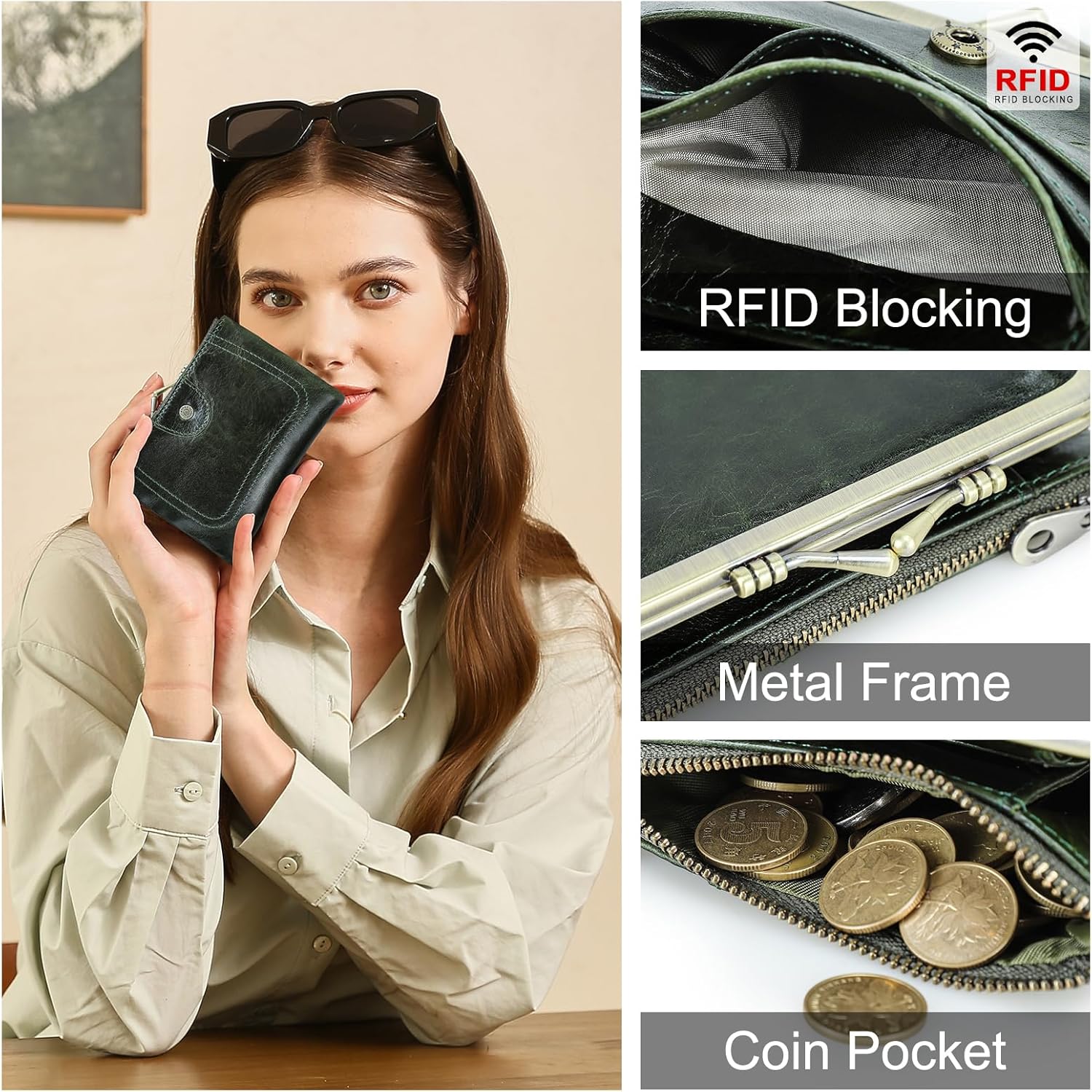 Thumbnail 1 de CONTACTS Women’s RFID Wallet with Kiss Lock – genuine leather compact bifold coin purse with zip & card slots in dark green