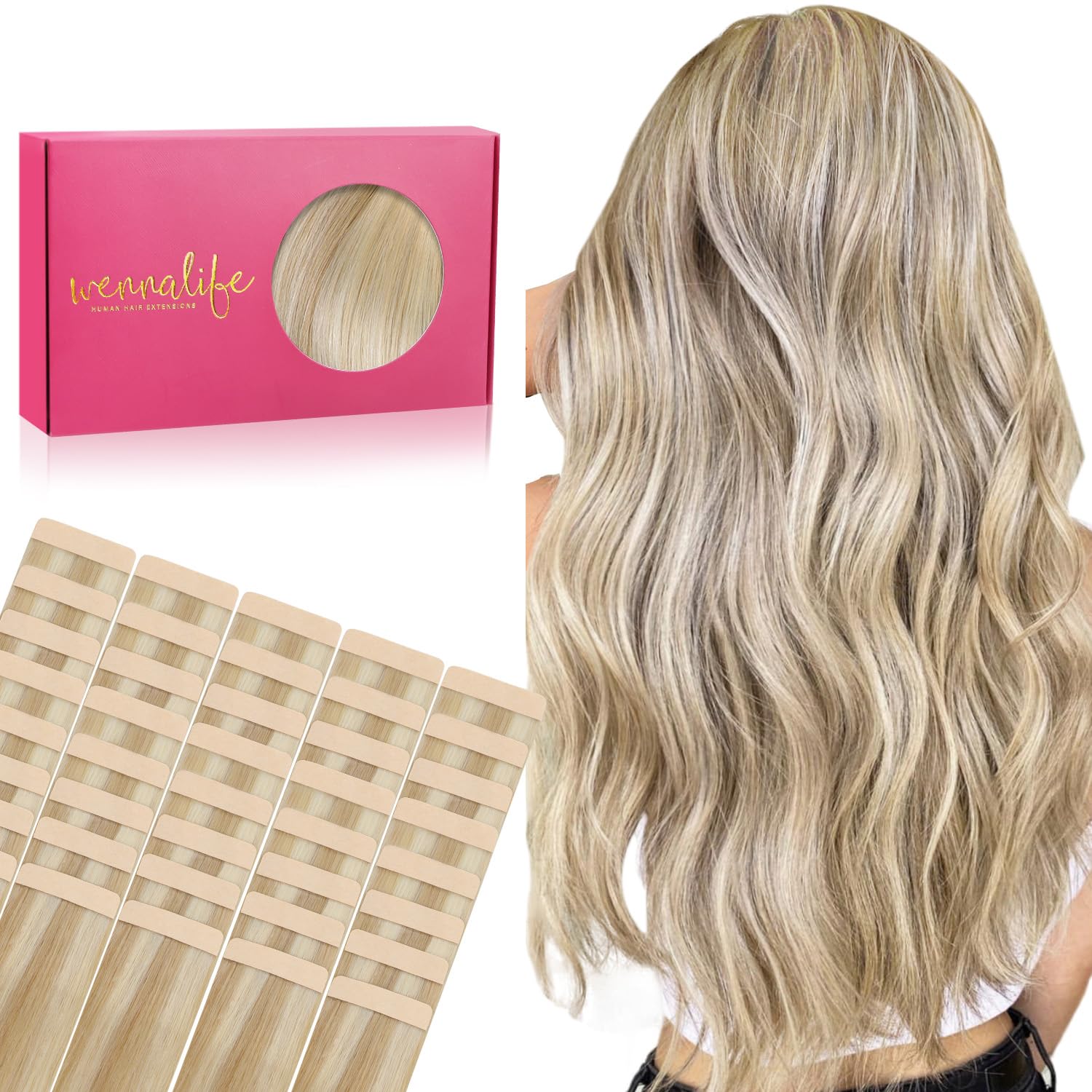 Detalle de WENNALIFE Tape-in Hair Extensions Human Hair, 40pcs 100g 22 inch Dirty Blonde Highlighted Bleach Blonde