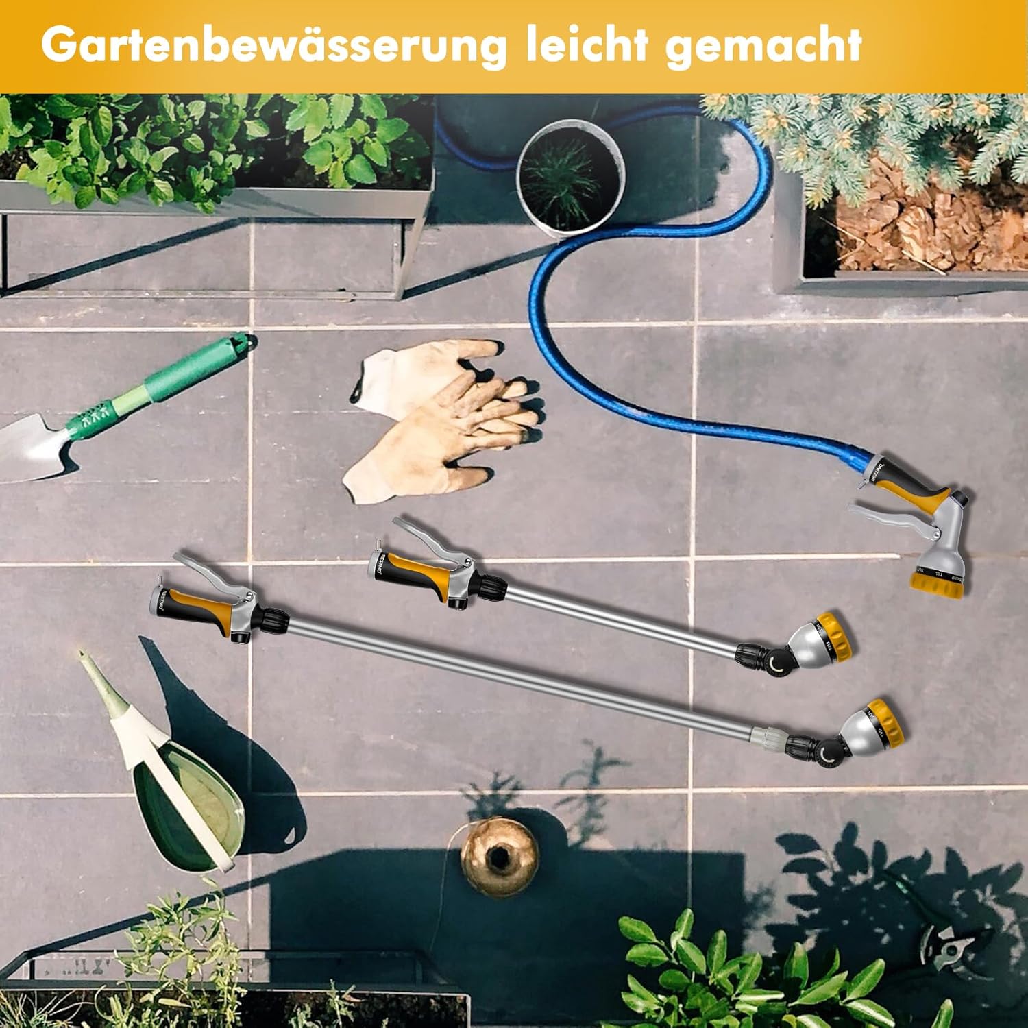 Thumbnail 5 de RESTMO Langer Teleskop-Gießstab 92–152 cm mit 180° Kopf, 7 Sprühmustern und Durchflusskontrolle – Gelb