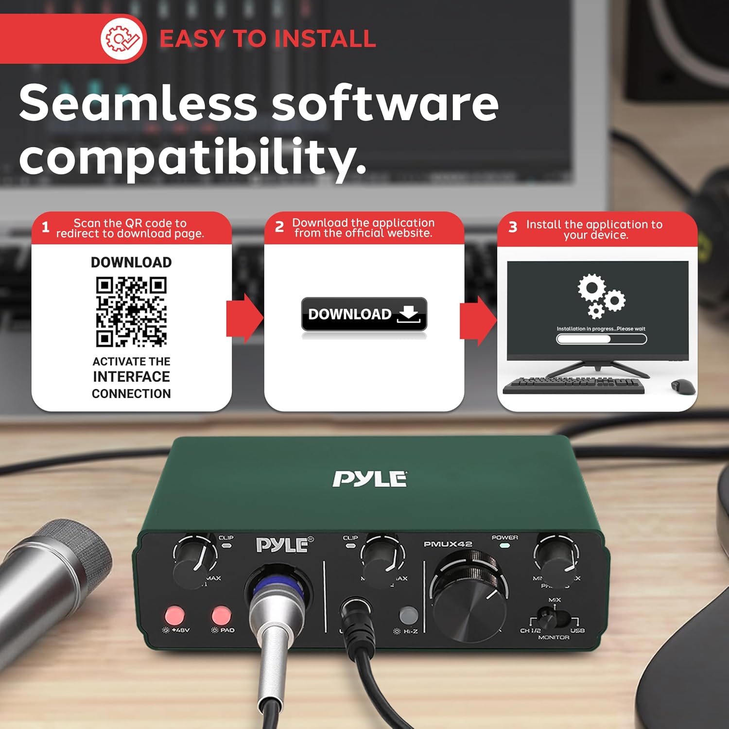 Thumbnail 4 de Pyle PMUX42 USB Audio Interface, 2-In/2-Out, 24-Bit/192 kHz, 48V Phantom Power