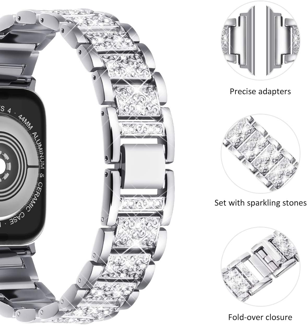 Detalle de NewWays Sparkling Stainless Steel Link Bracelet Replacement Band for Apple Watch (38mm–42mm, Series 1–11/SE), Silver