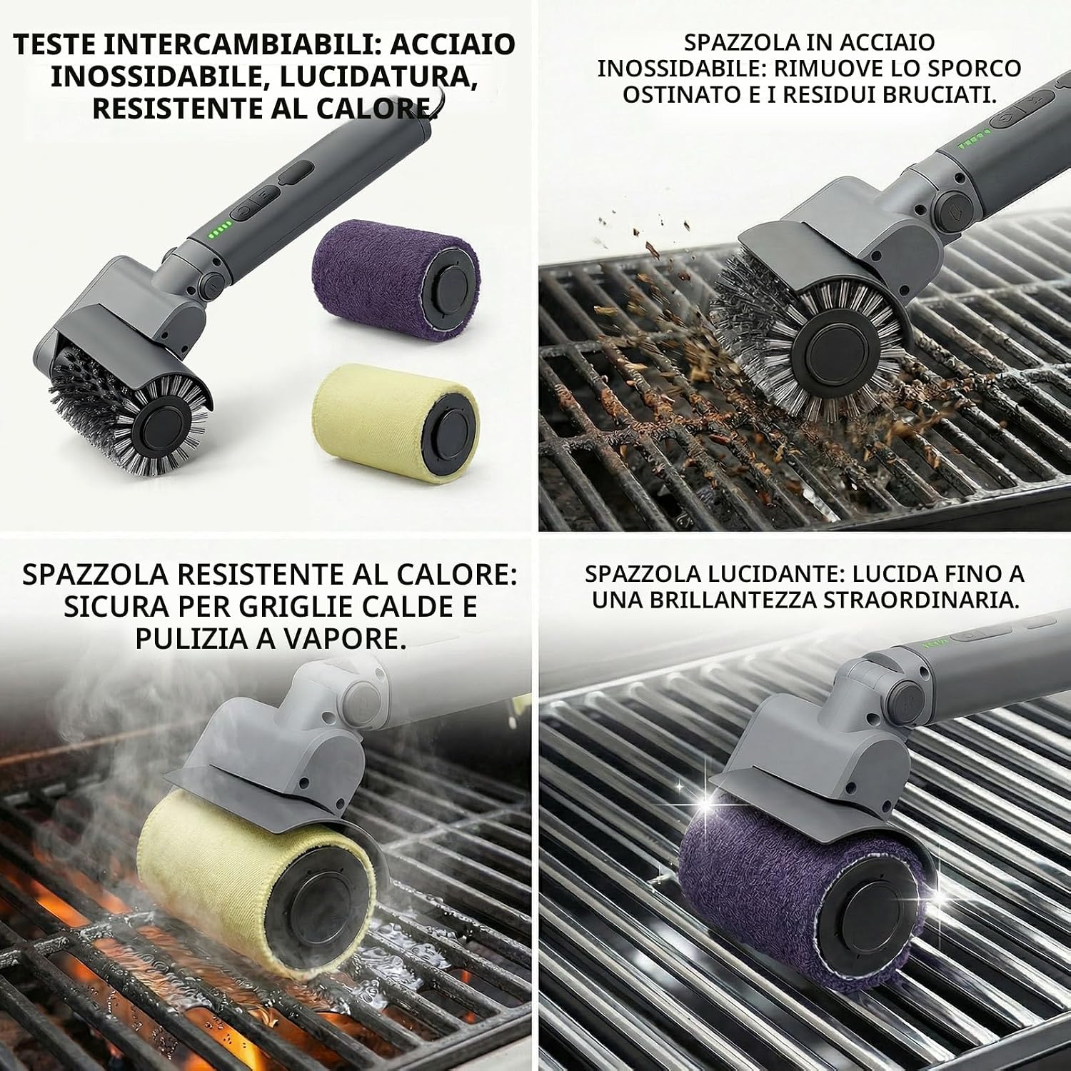 Detalle de Kit Spazzola Barbecue Elettrica 3-in-1 – Pulitore BBQ Senza Fili, 450 Giri/min, IPX7, 2 Ore di Autonomia